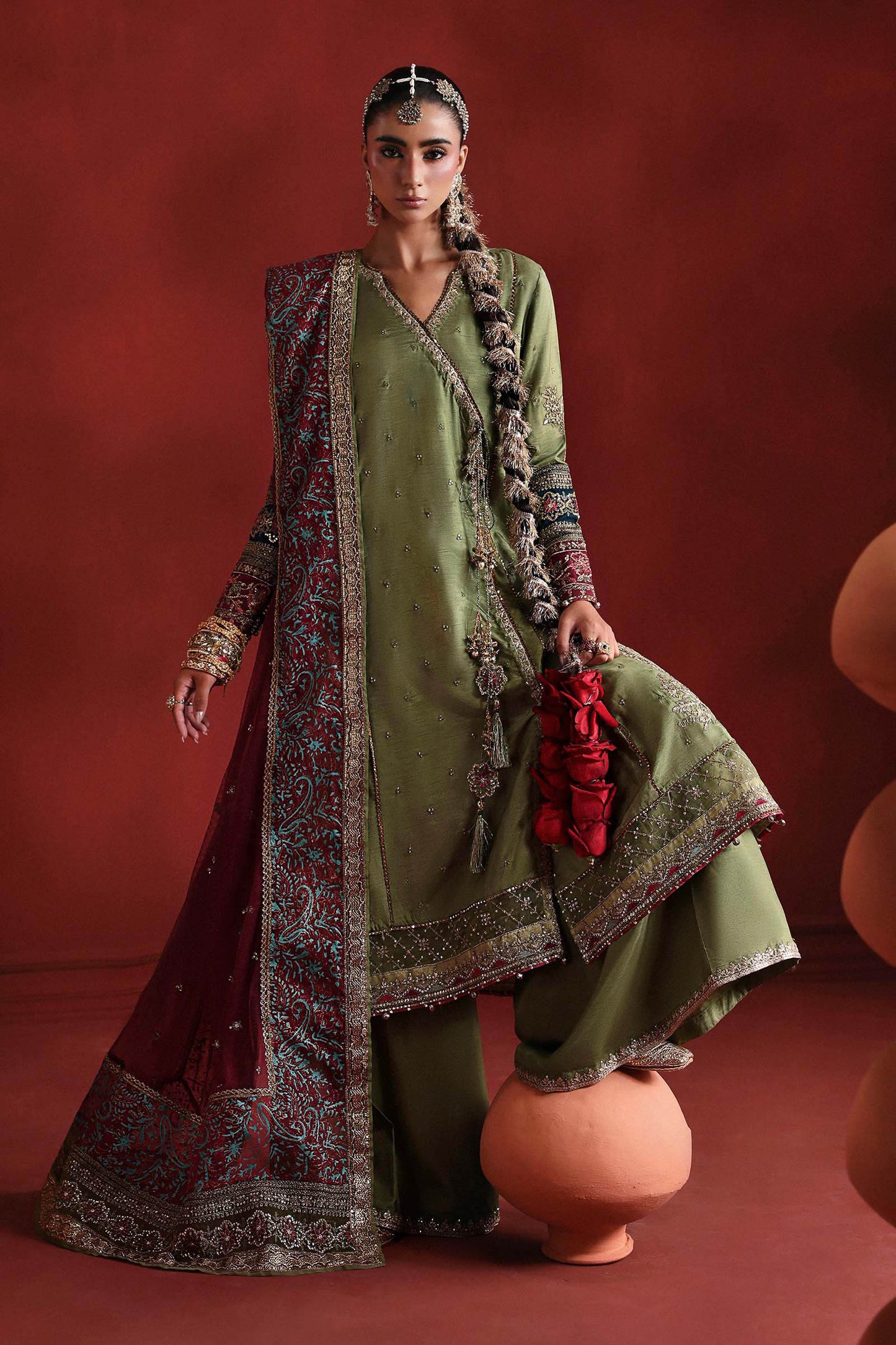 3 Piece Embroidered Raw Silk Suit