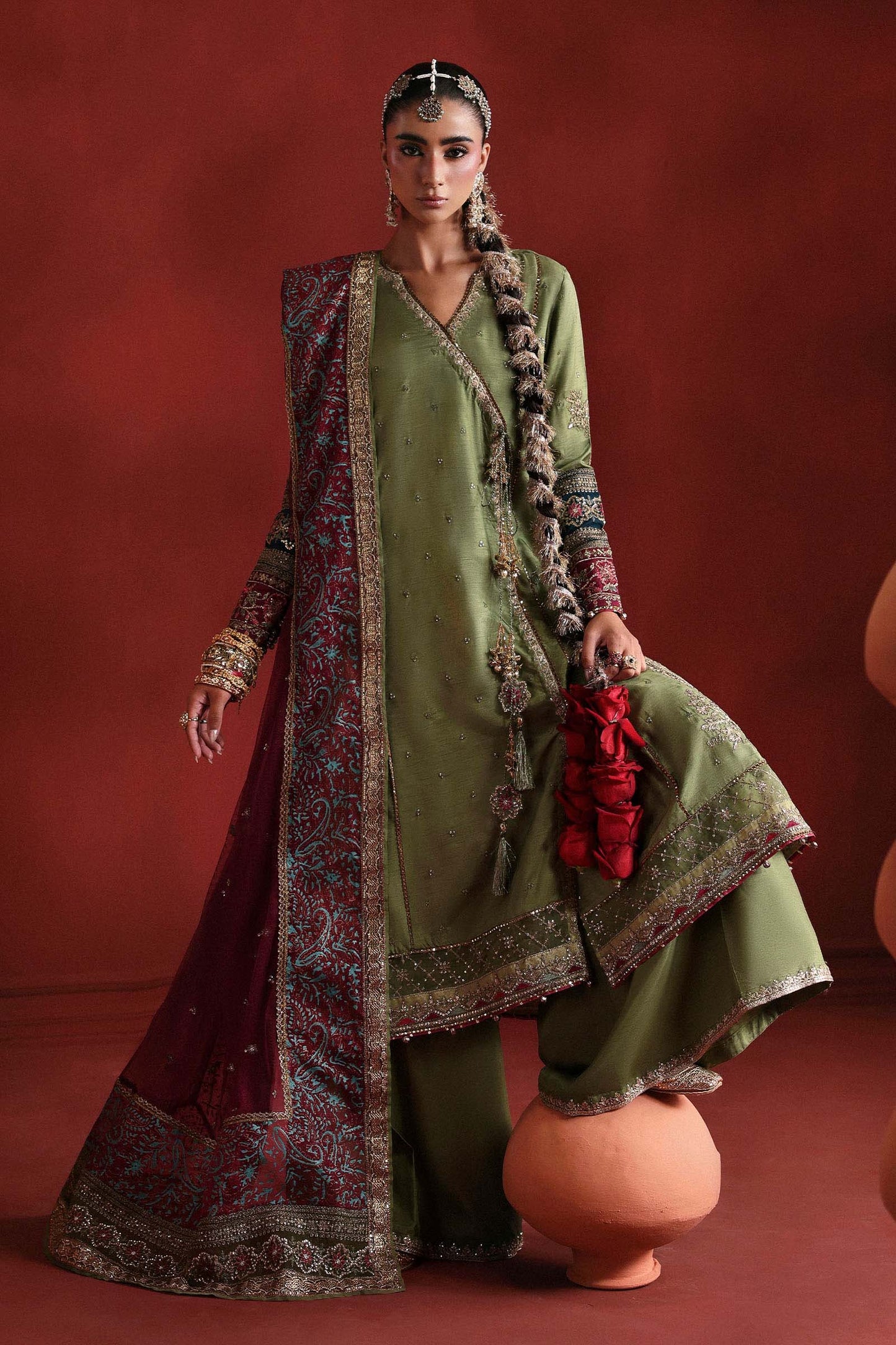 3 Piece Embroidered Raw Silk Suit