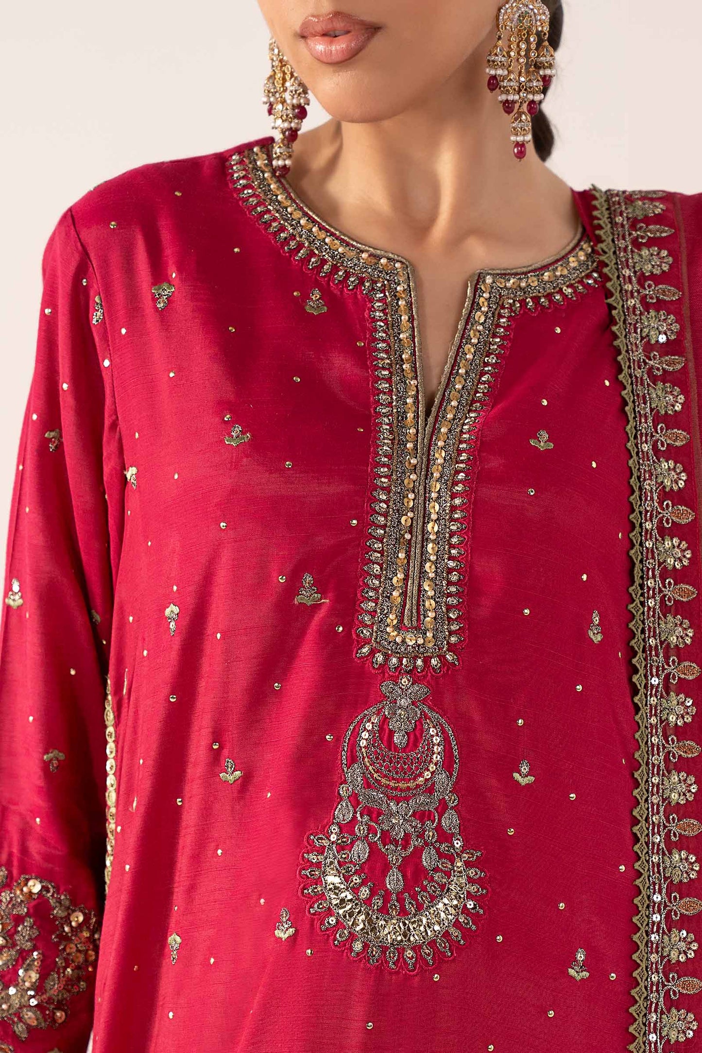 3 Piece Embroidered Raw Silk Suit