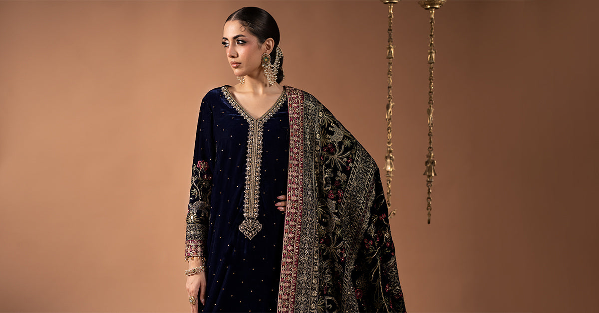 3 Piece Embroidered Velvet Suit