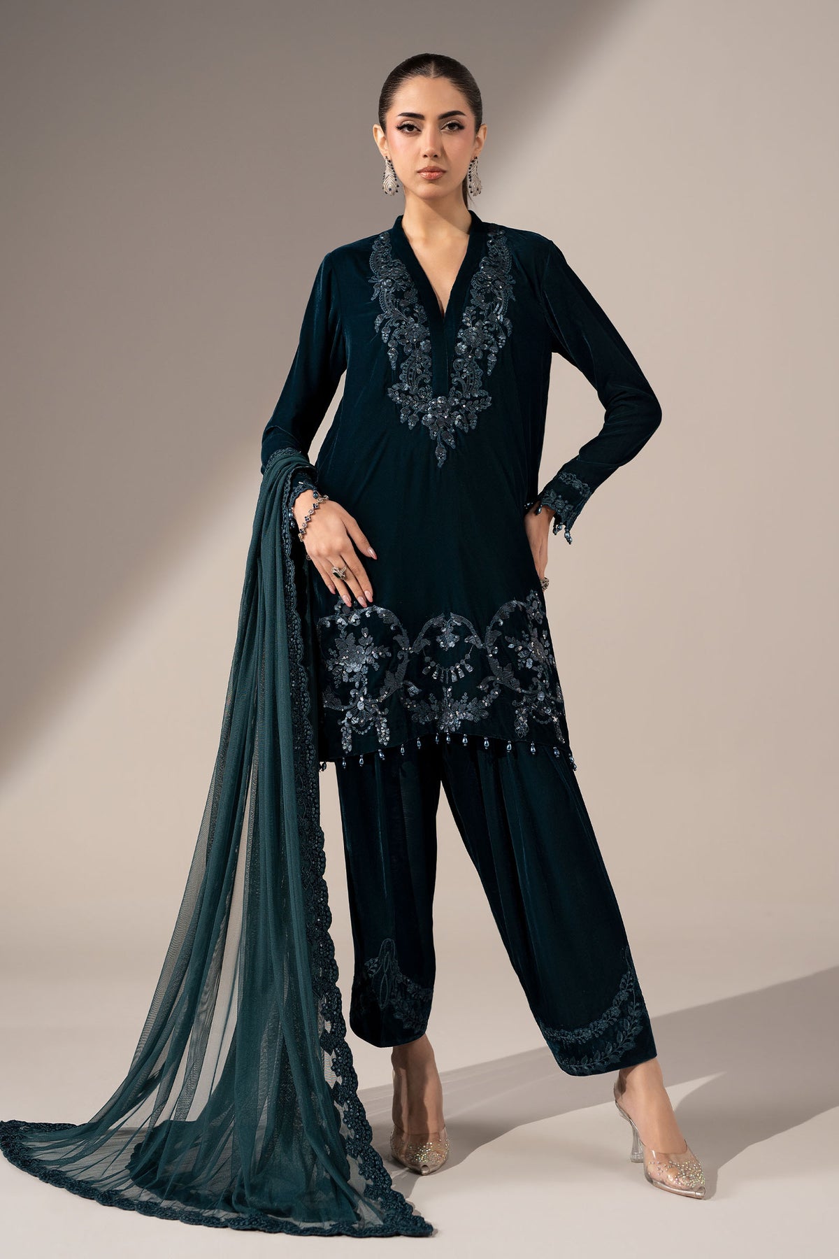 3 Piece Embroidered Velvet Suit
