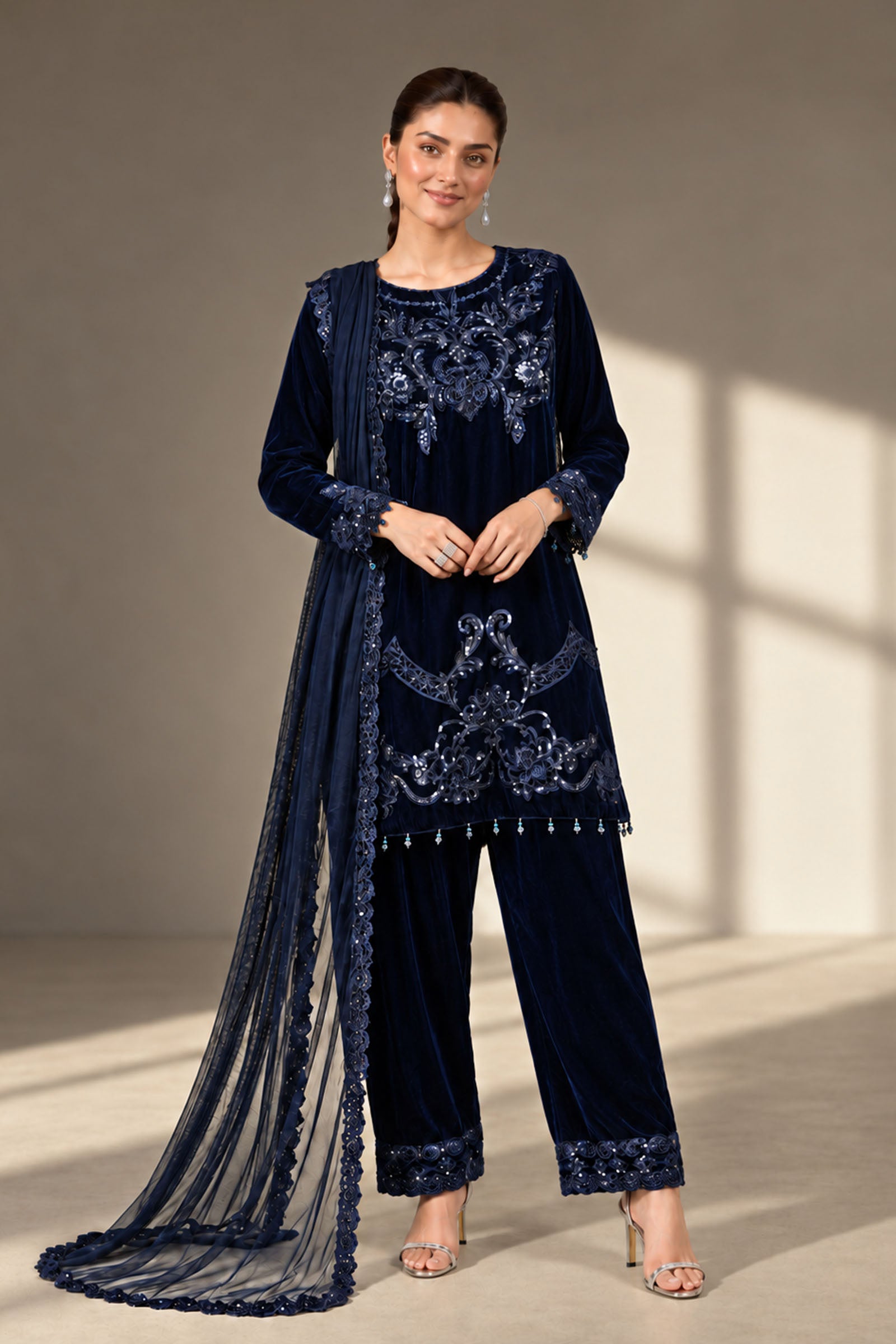 3 Piece Embroidered Velvet Suit