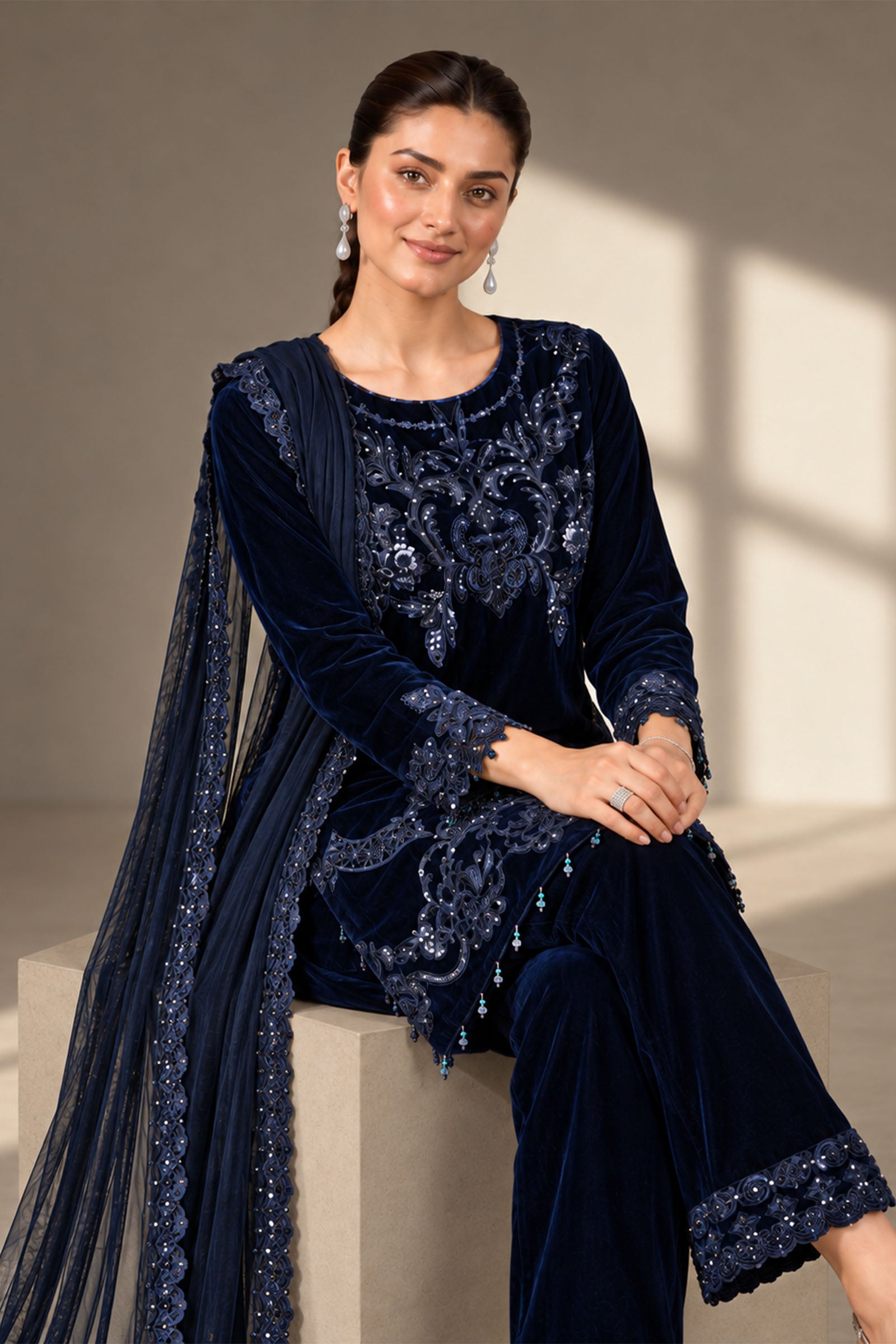 3 Piece Embroidered Velvet Suit