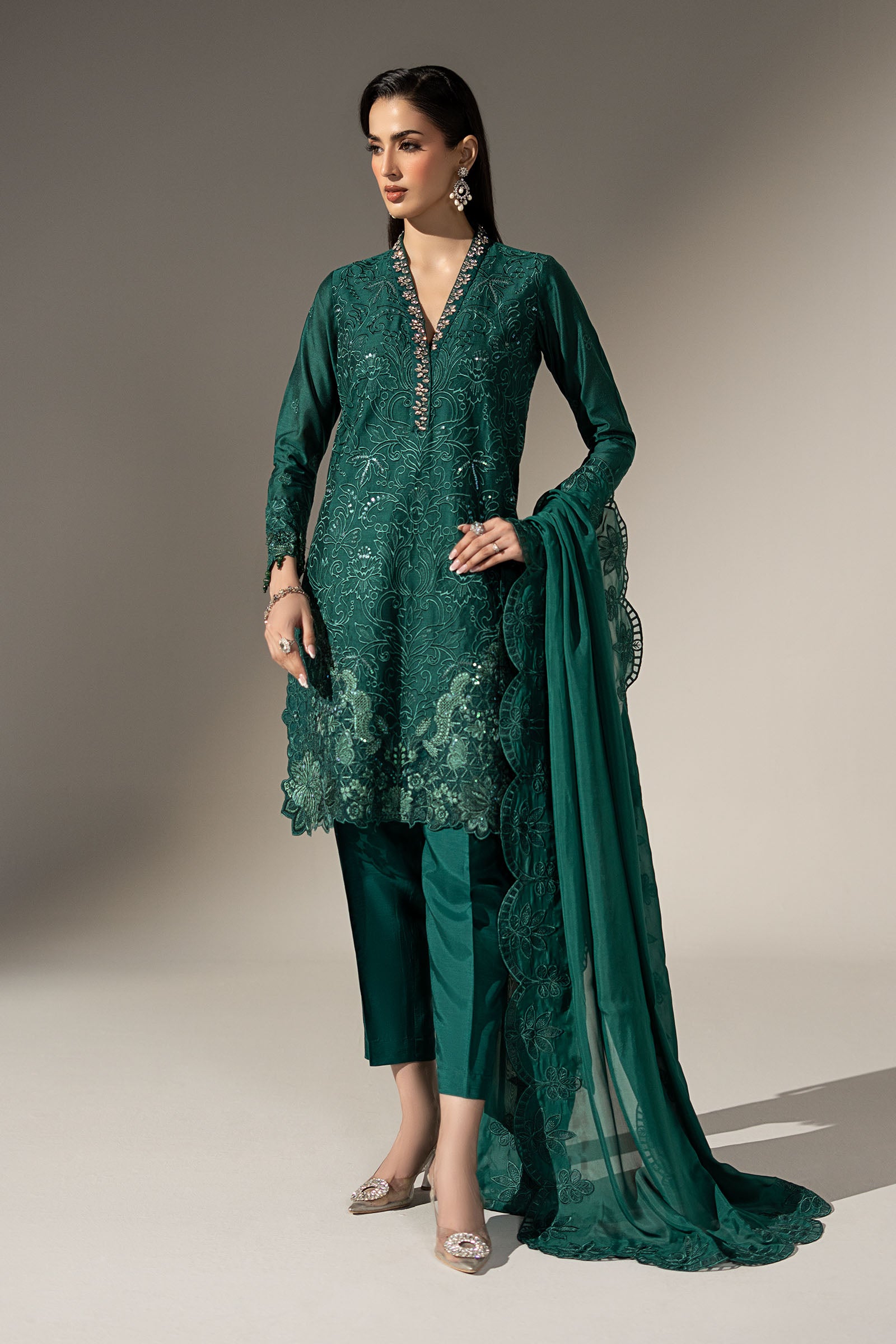 3 Piece Embroidered Black Warp Silk Suit