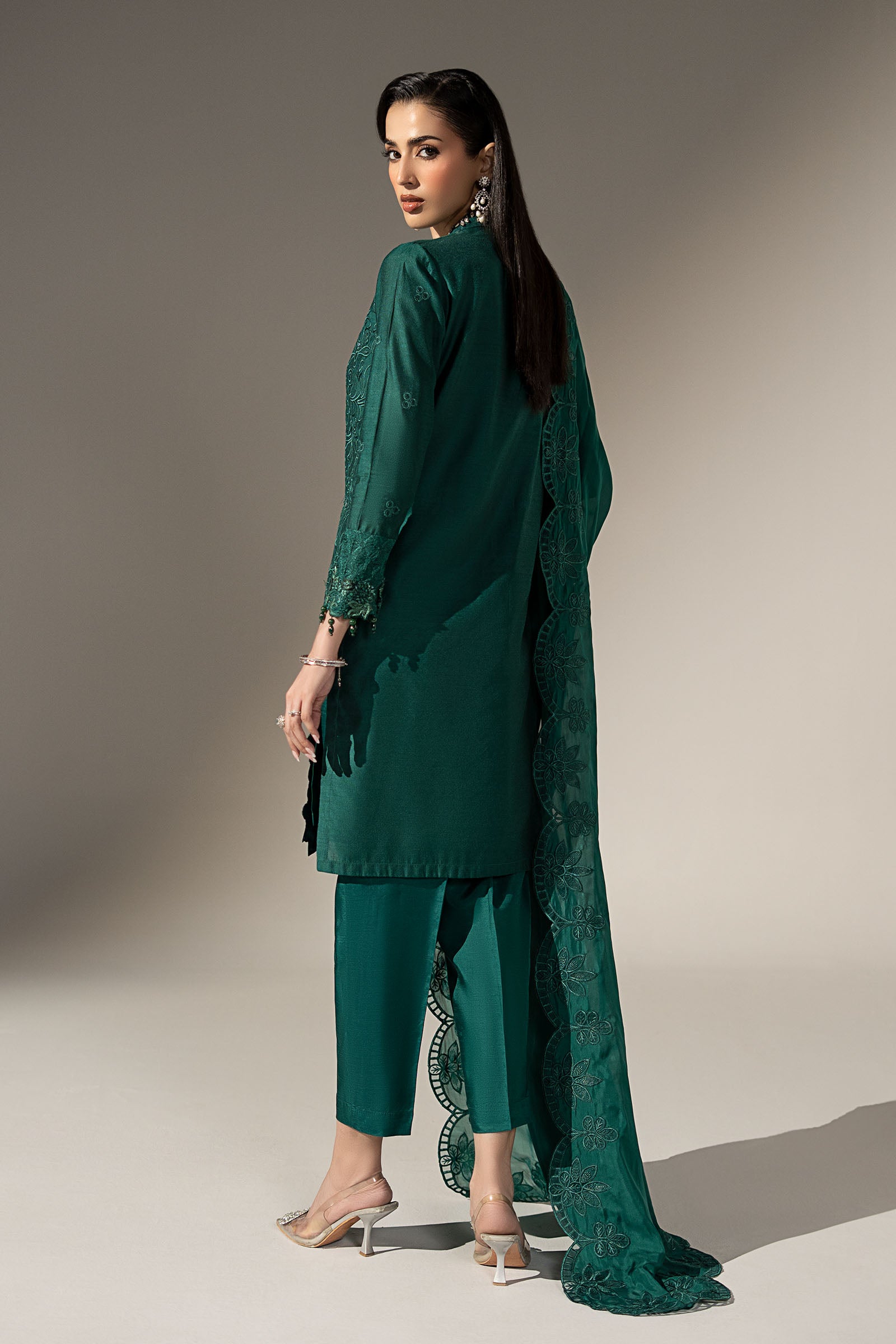 3 Piece Embroidered Black Warp Silk Suit