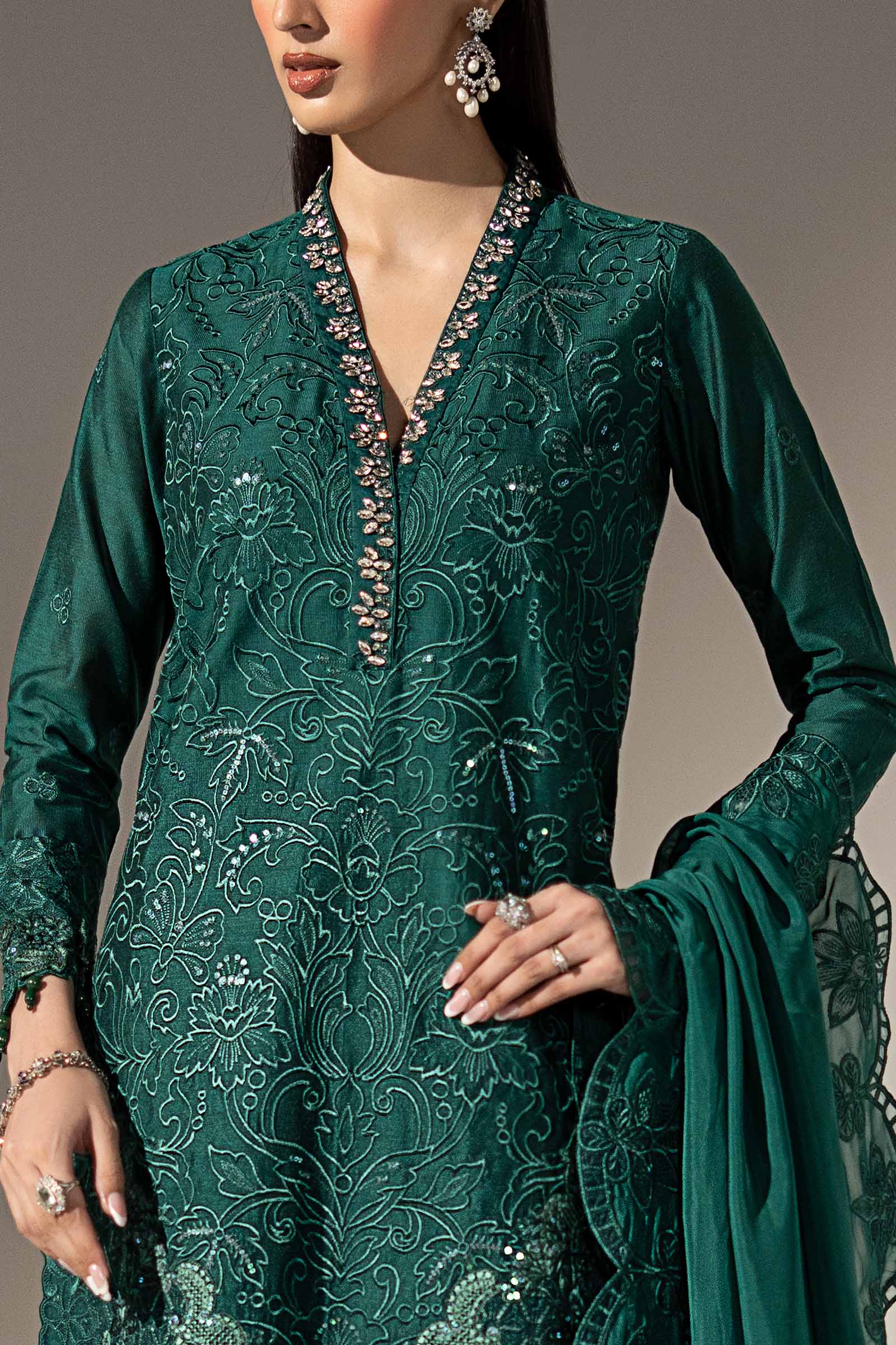 3 Piece Embroidered Black Warp Silk Suit
