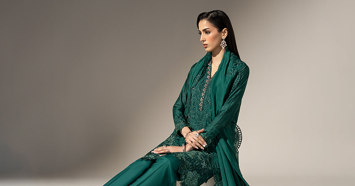 3 Piece Embroidered Black Warp Silk Suit