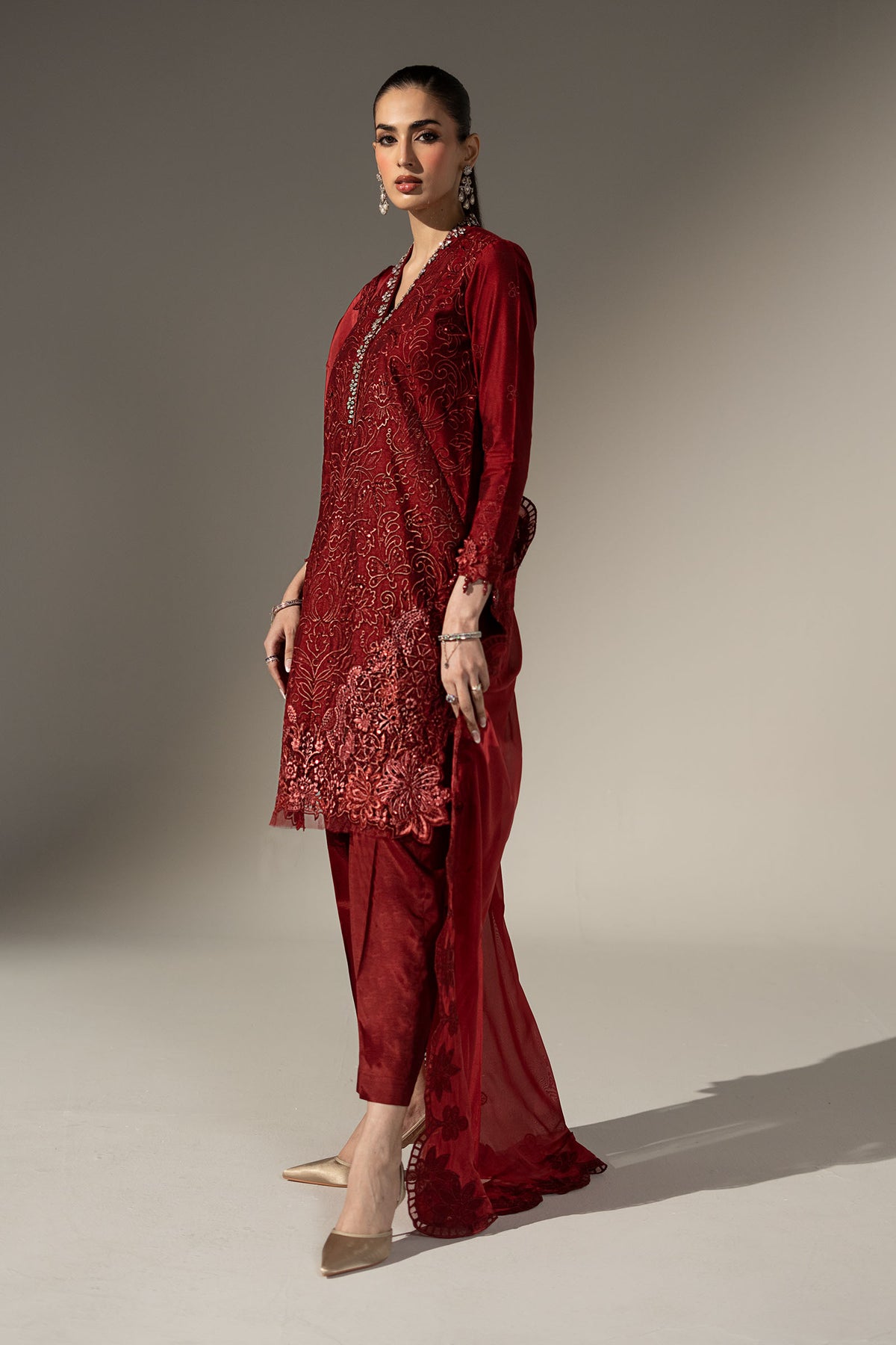 3 Piece Embroidered Black Warp Silk Suit