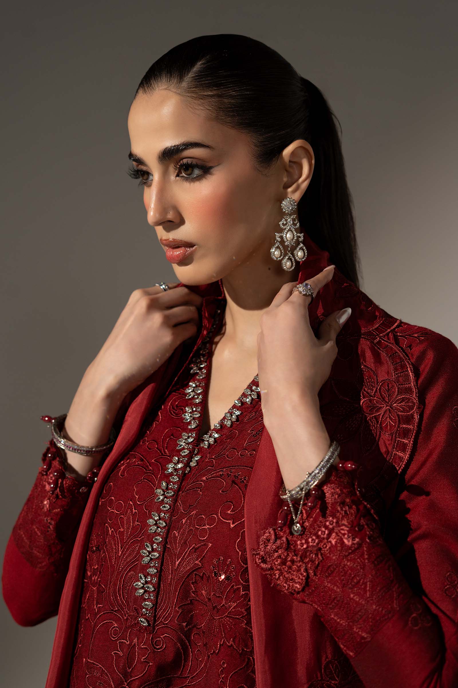 3 Piece Embroidered Black Warp Silk Suit