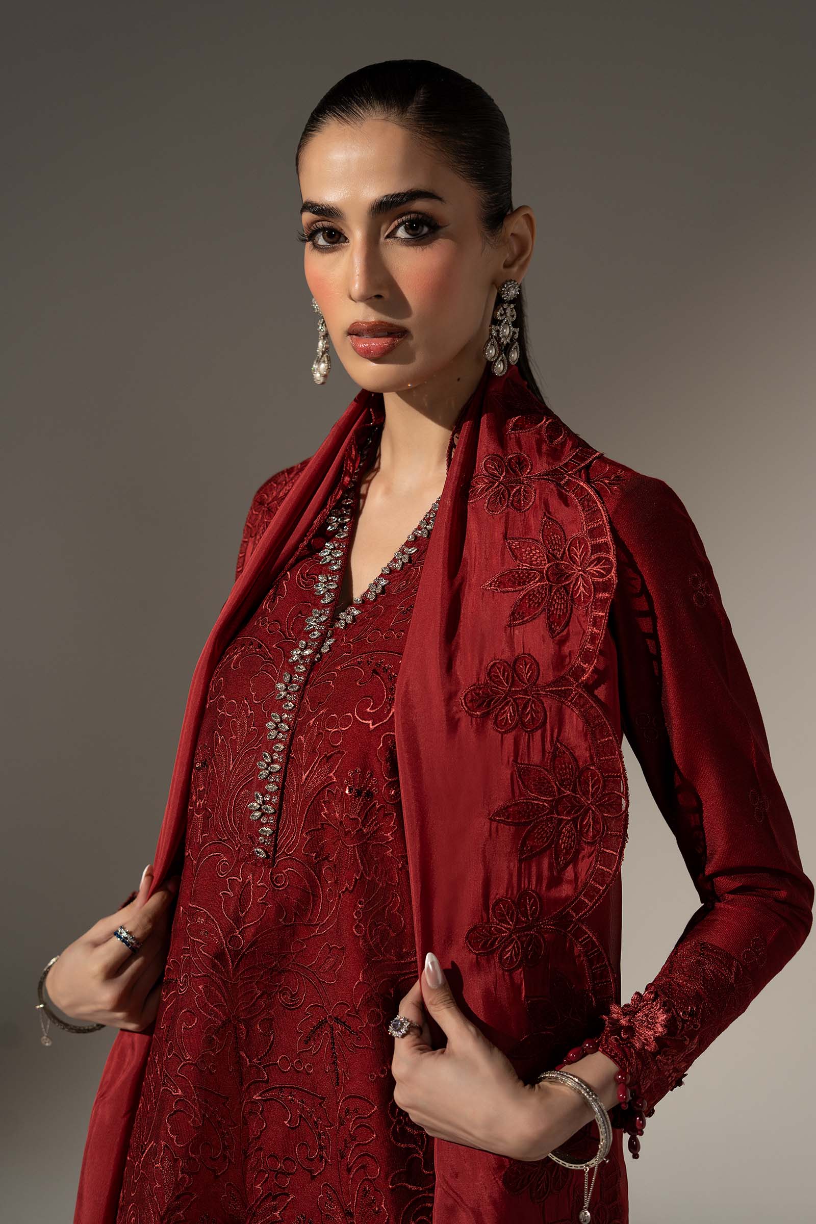 3 Piece Embroidered Black Warp Silk Suit
