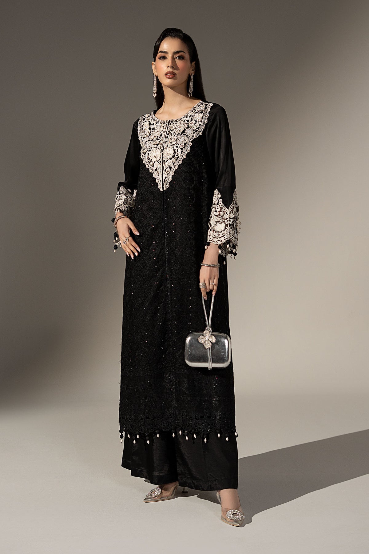 3 Piece Embroidered Cotton Satin Suit