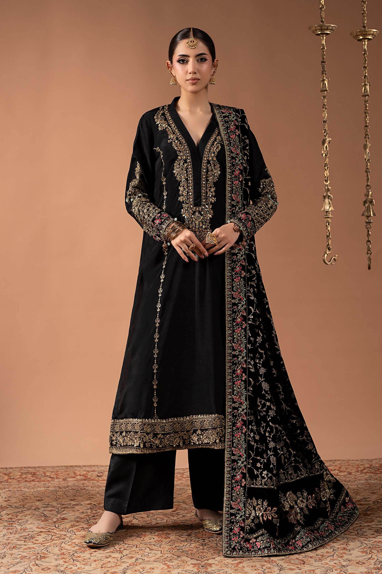 3 Piece Embroidered Raw Silk Suit