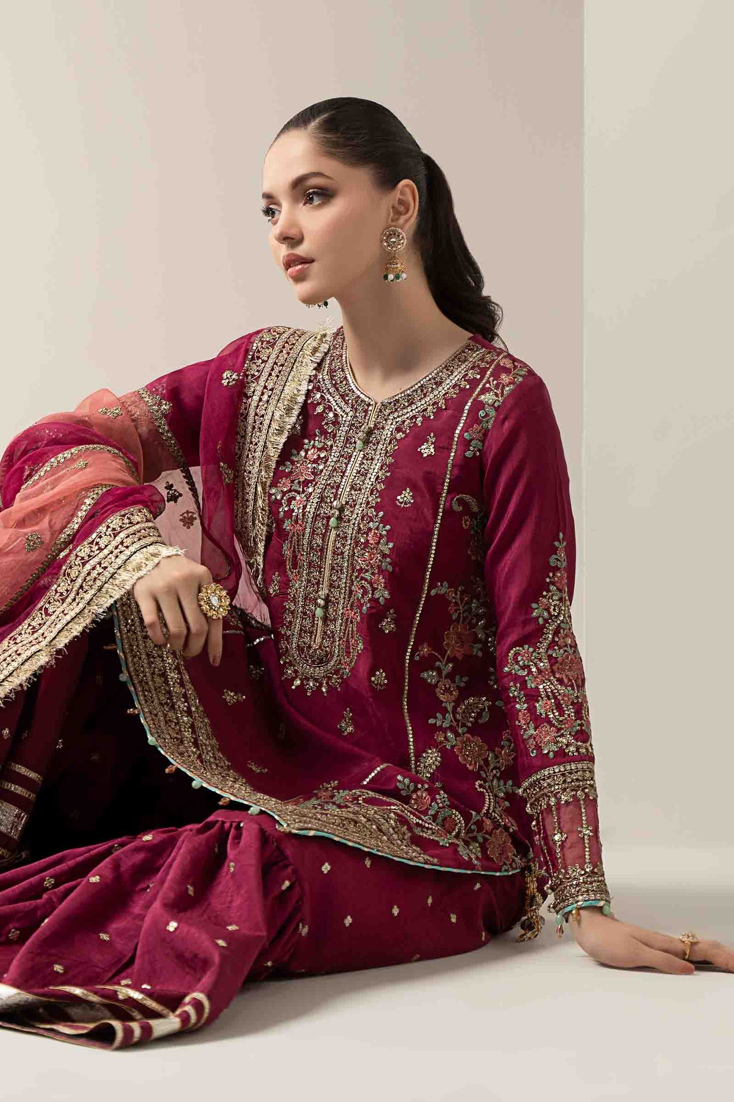 3 Piece Embroidered Raw Silk Suit