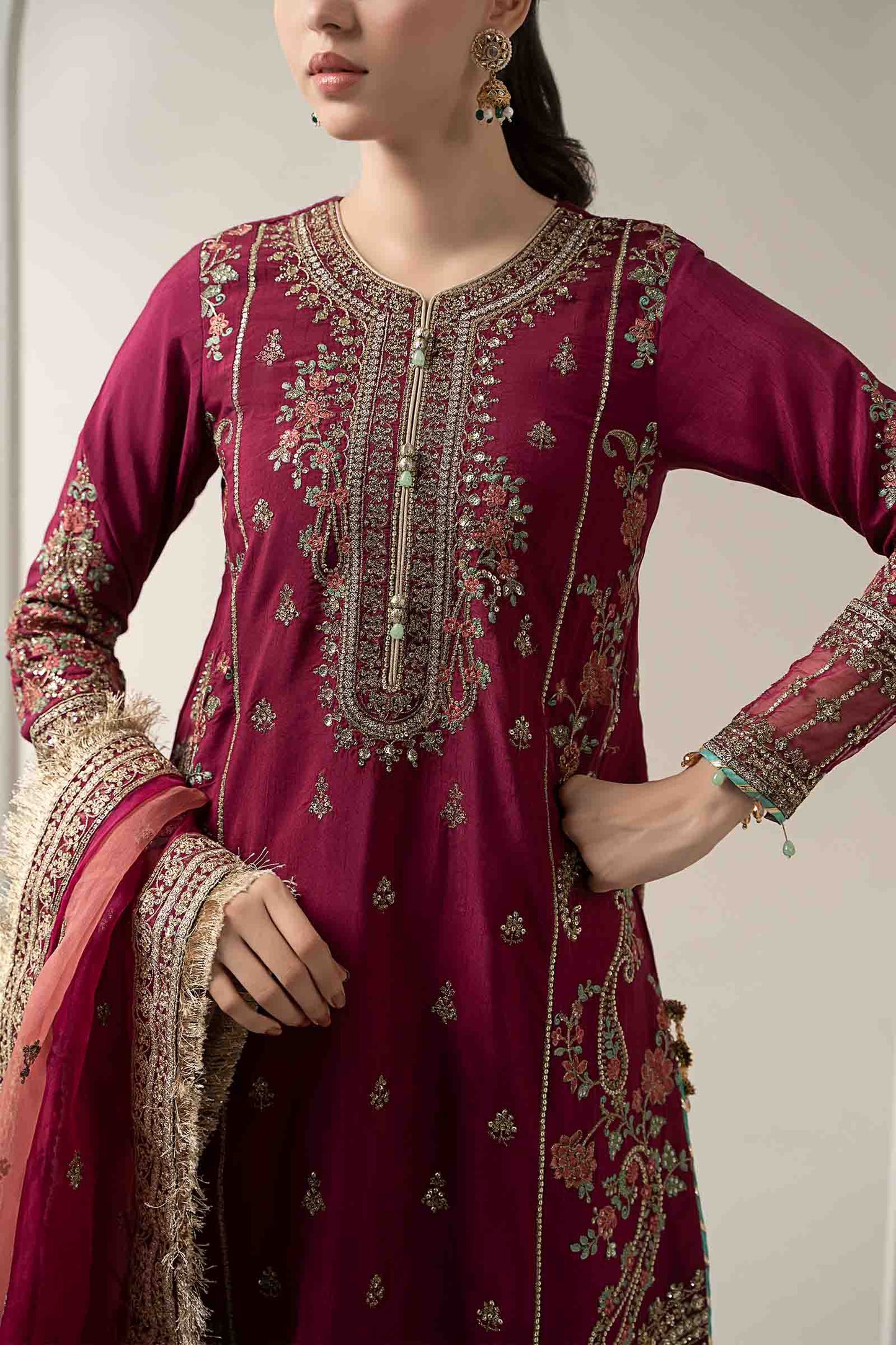 3 Piece Embroidered Raw Silk Suit