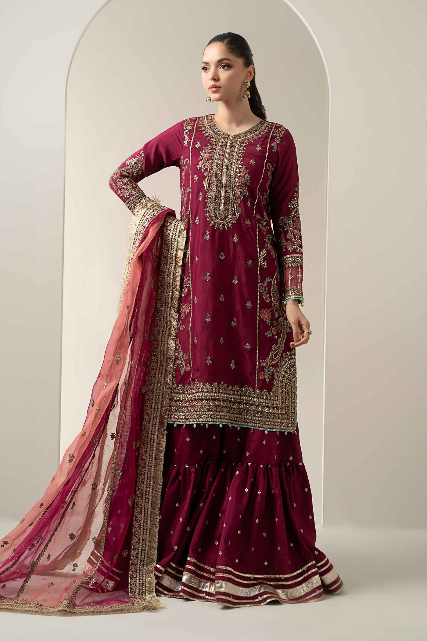 3 Piece Embroidered Raw Silk Suit | SF-EA25-02