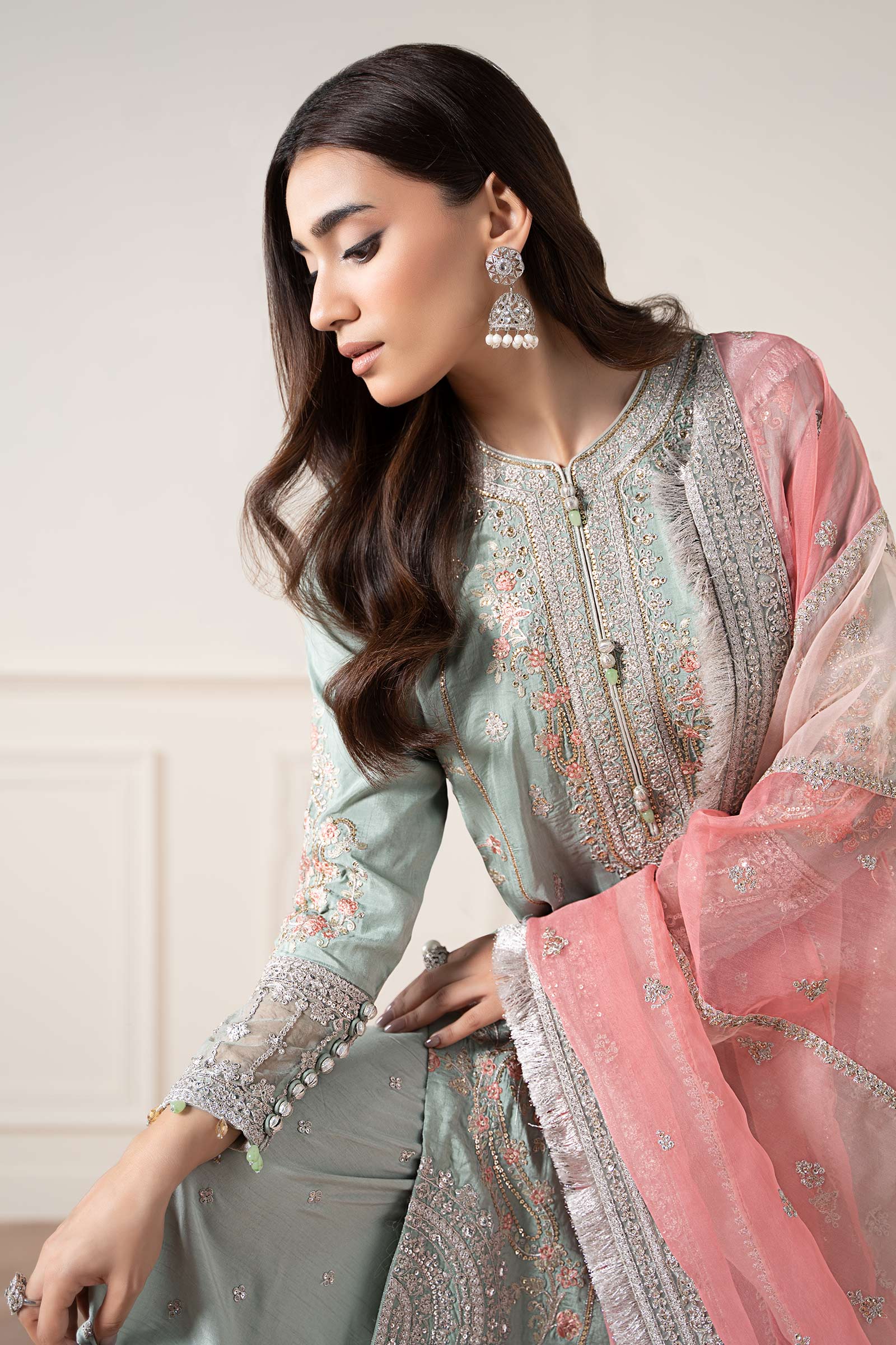 3 Piece Embroidered Raw Silk Suit