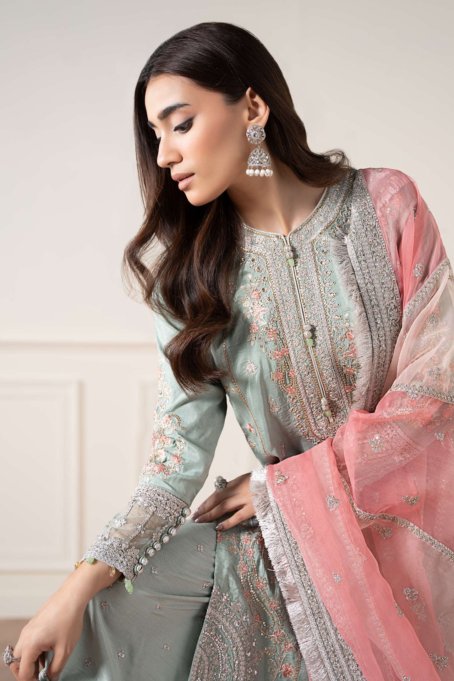 3 Piece Embroidered Raw Silk Suit