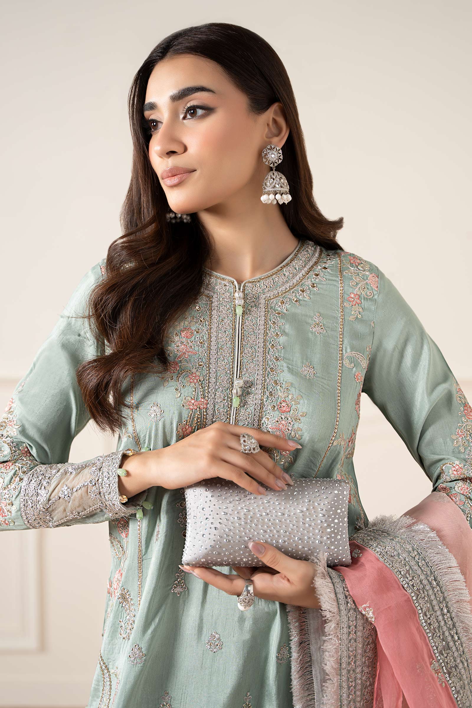 3 Piece Embroidered Raw Silk Suit
