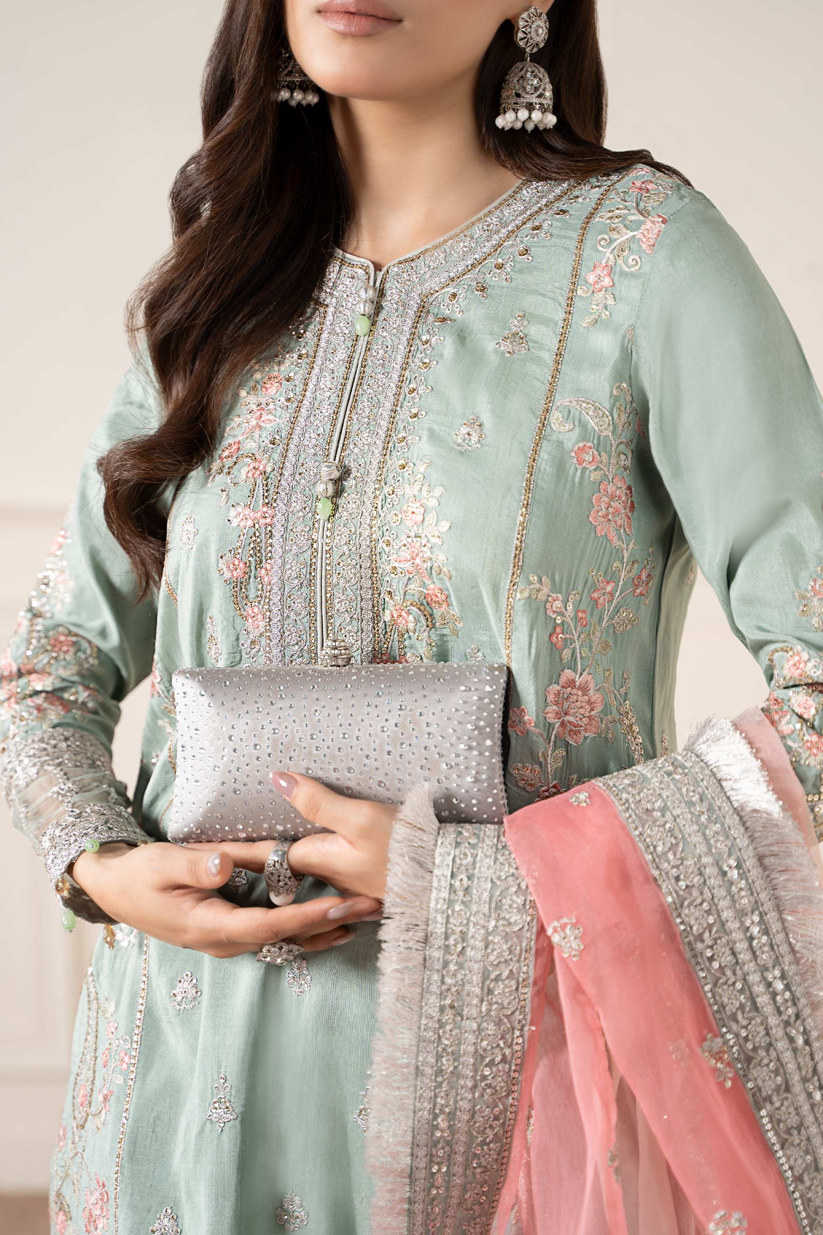 3 Piece Embroidered Raw Silk Suit