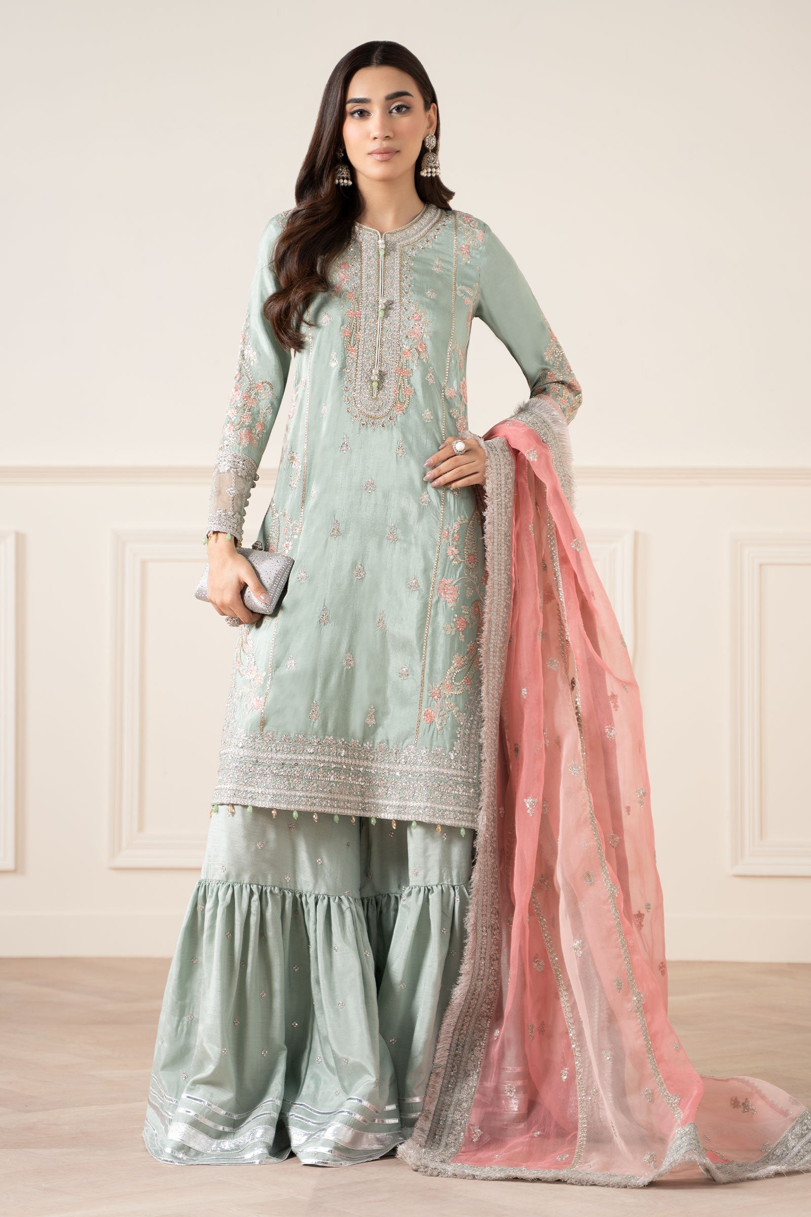 3 Piece Embroidered Raw Silk Suit