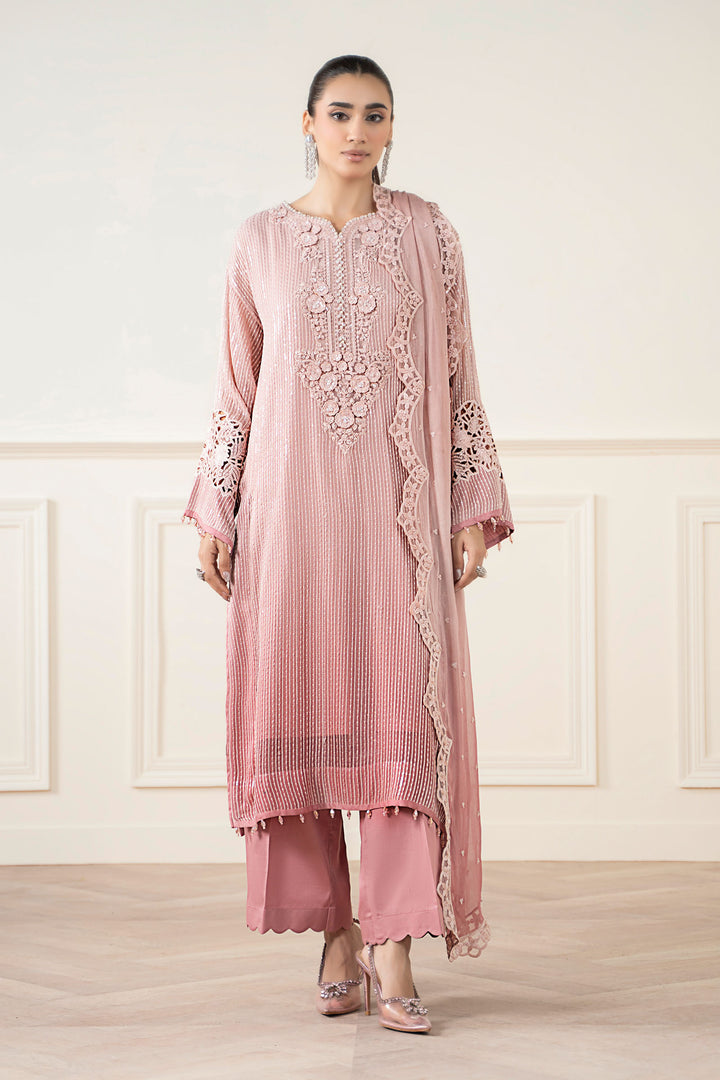3 Piece Embroidered Chiffon Suit All Products SFEA503-ESM-PNK