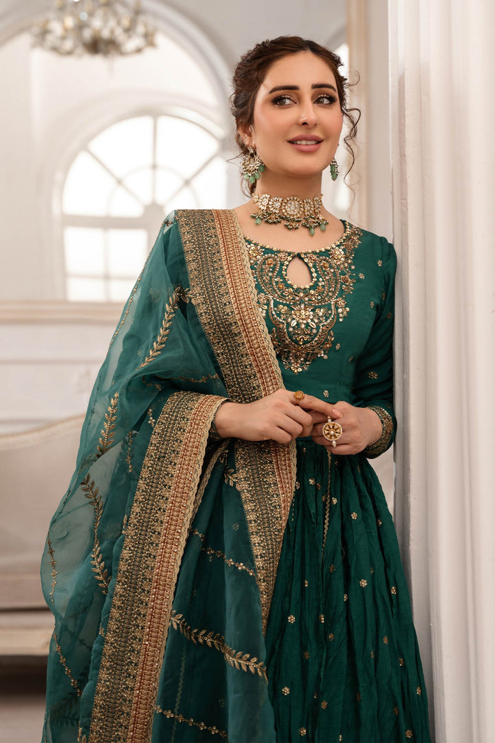 3 Piece Embroidered Raw Silk Suit | SF-EA25-04 Eid Collection SFA2504-ESM-GRN