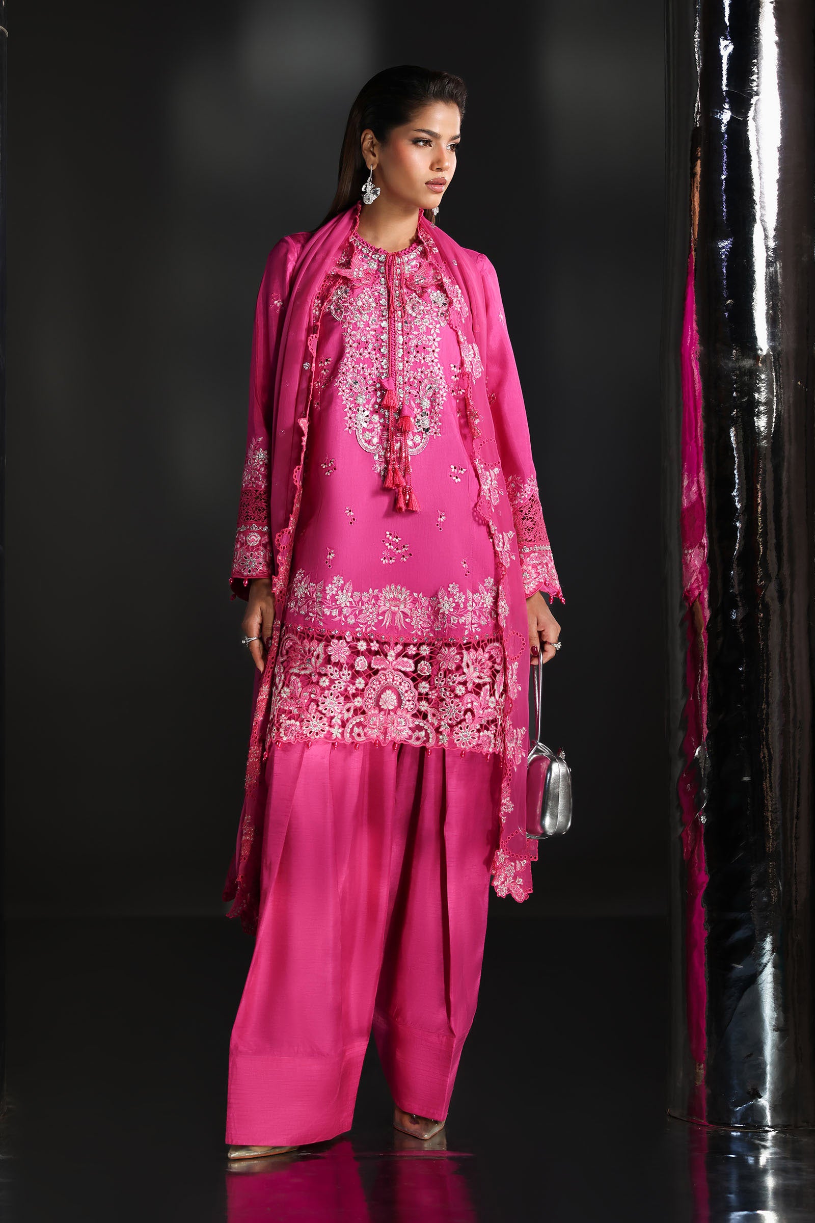 3 Piece Embroidered Raw Silk Suit