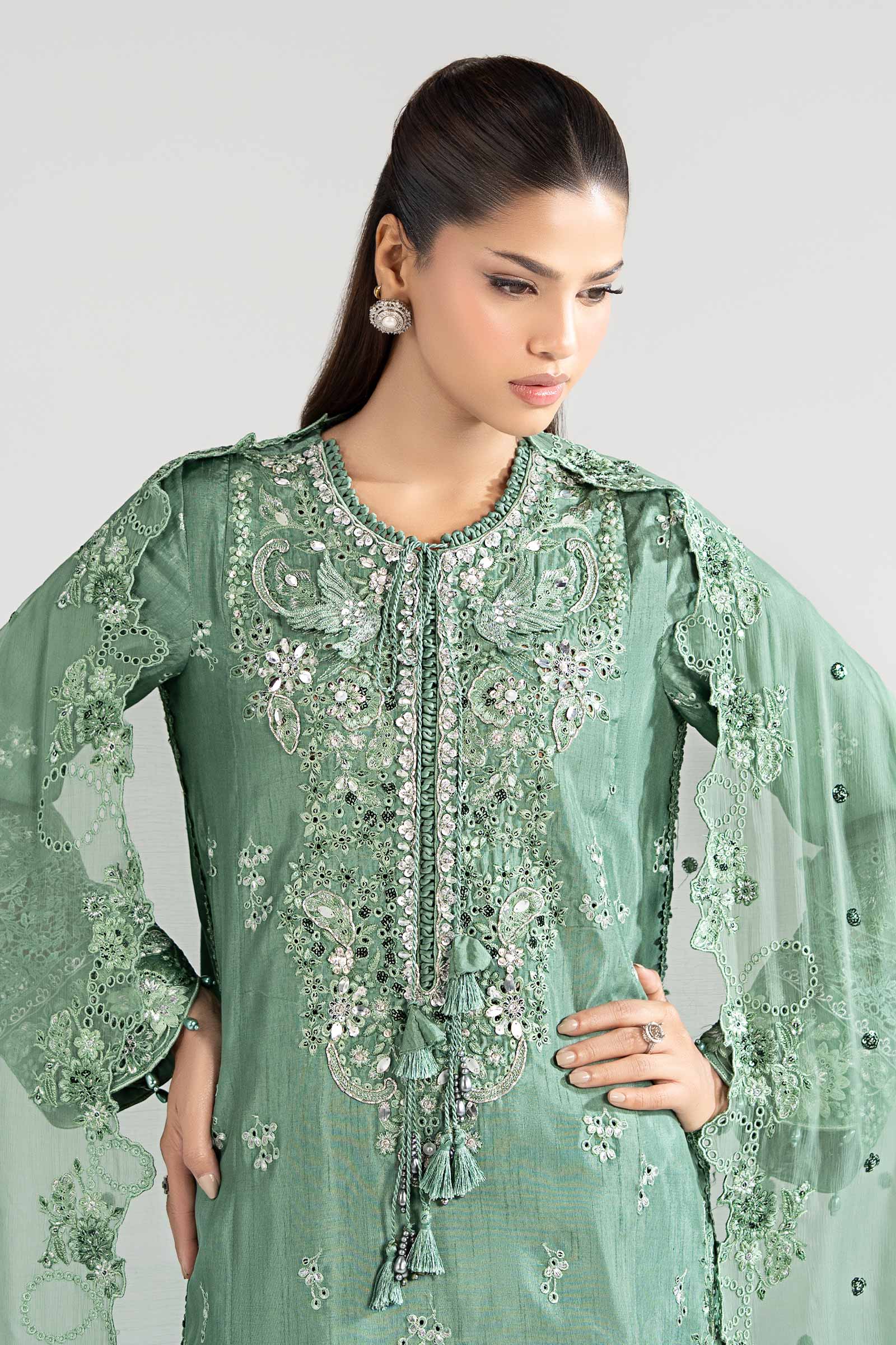 3 Piece Embroidered Raw Silk Suit