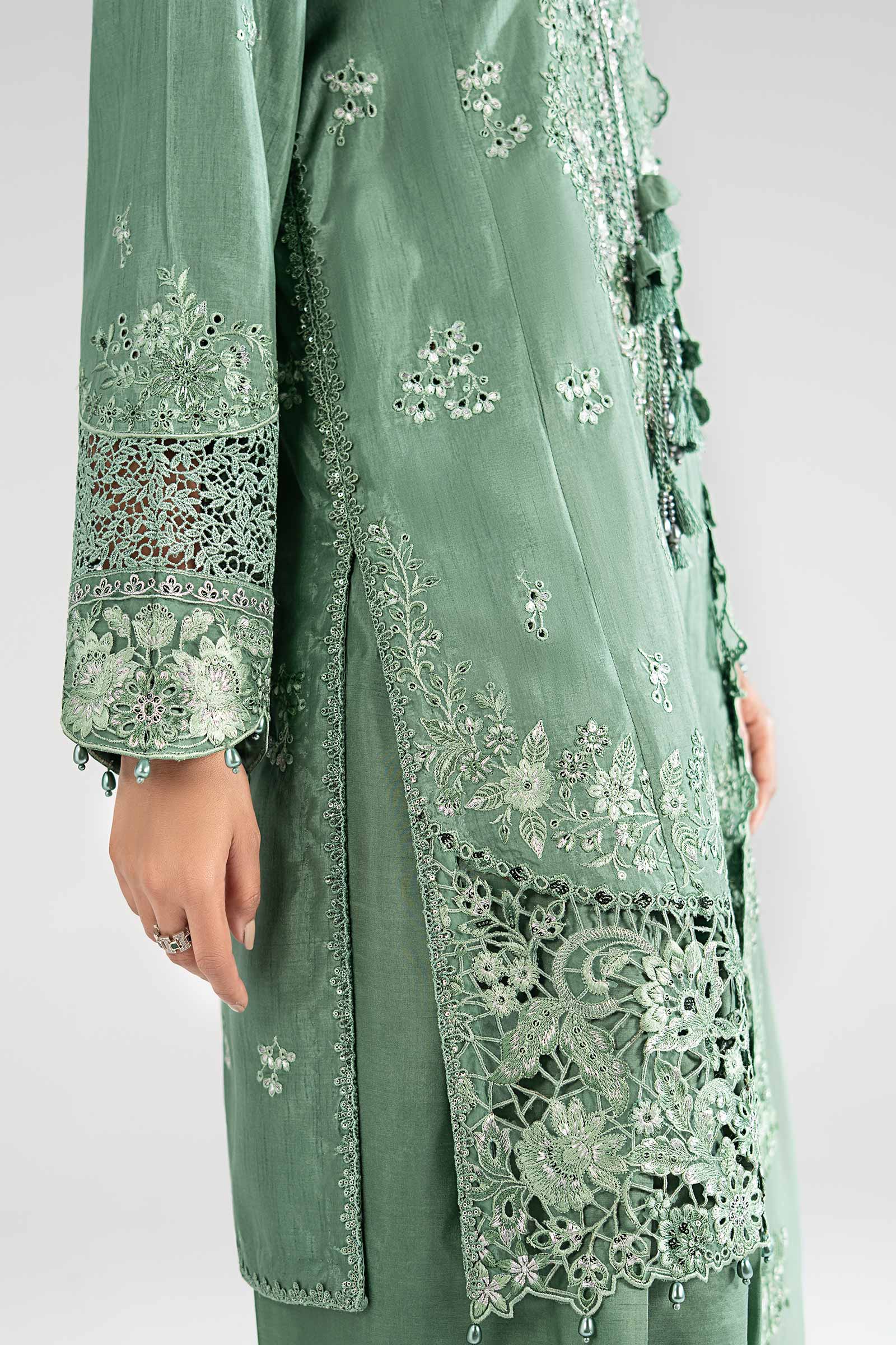 3 Piece Embroidered Raw Silk Suit