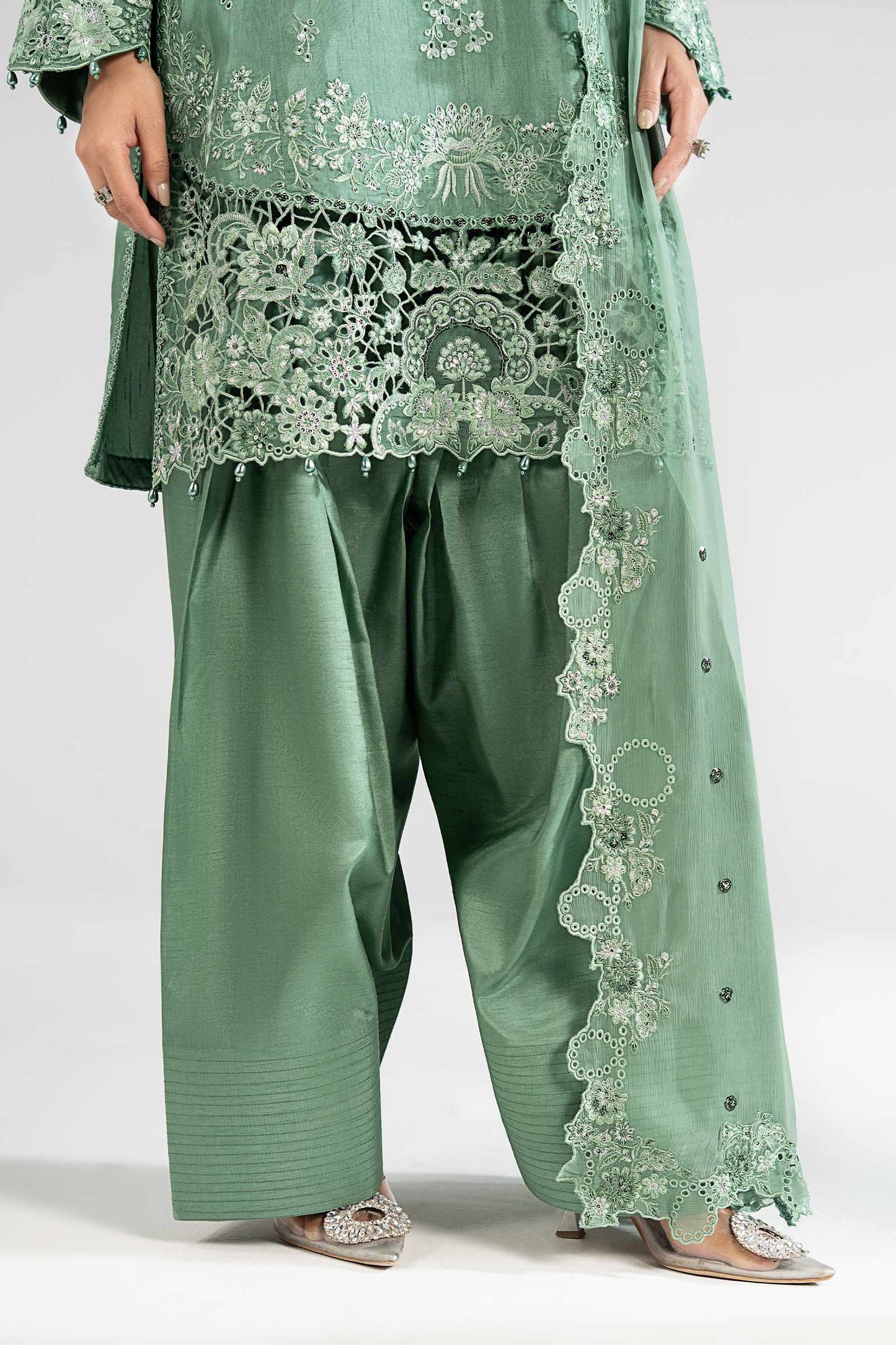 3 Piece Embroidered Raw Silk Suit