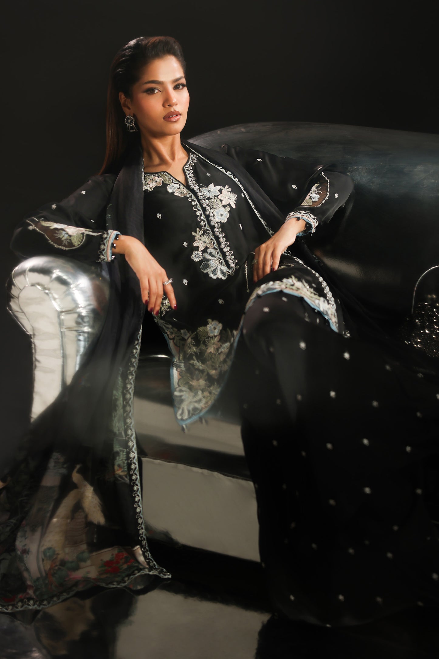 3 Piece Embroidered Charmeuse Suit