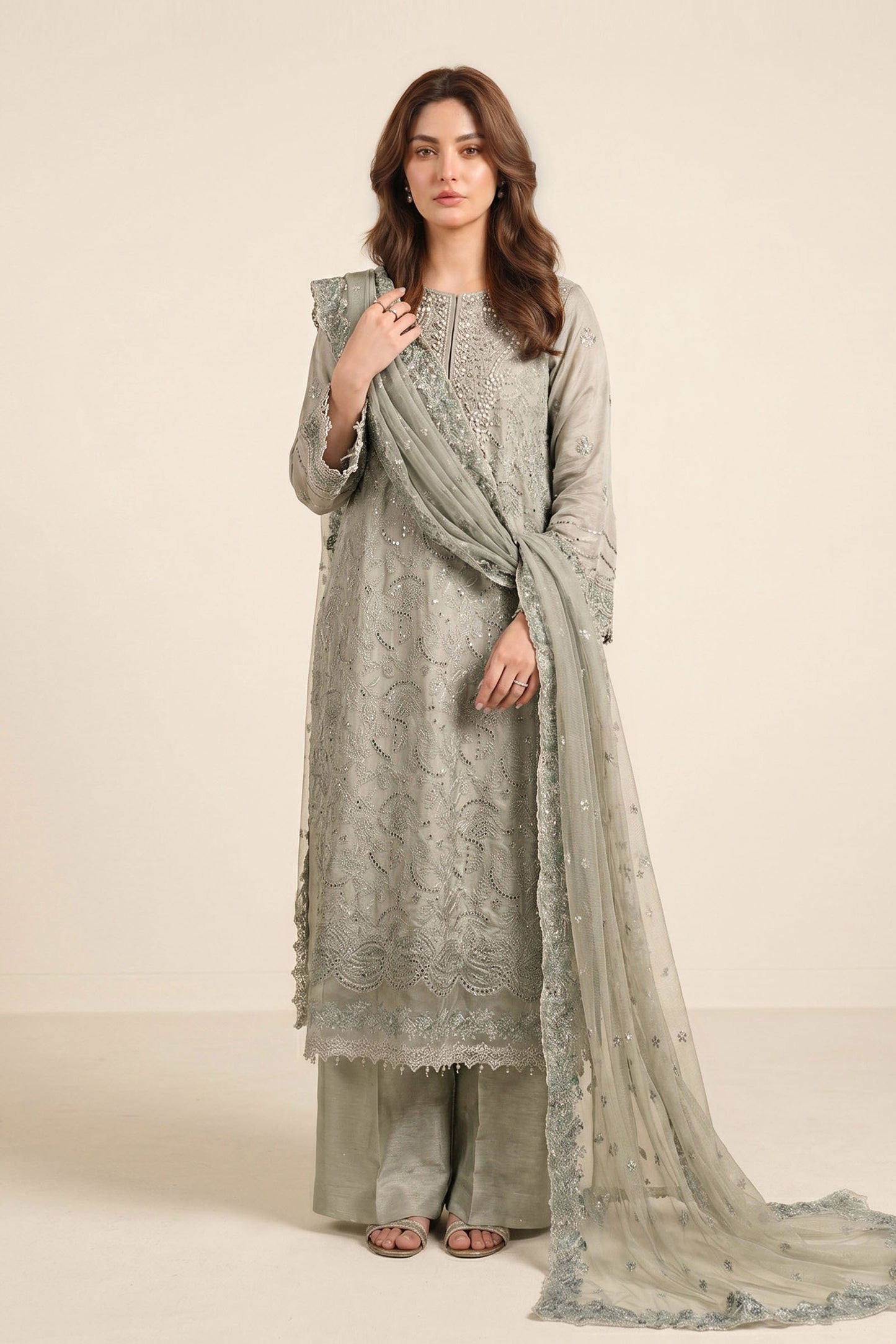 3 Piece Embroidered Tissue Silk Suit