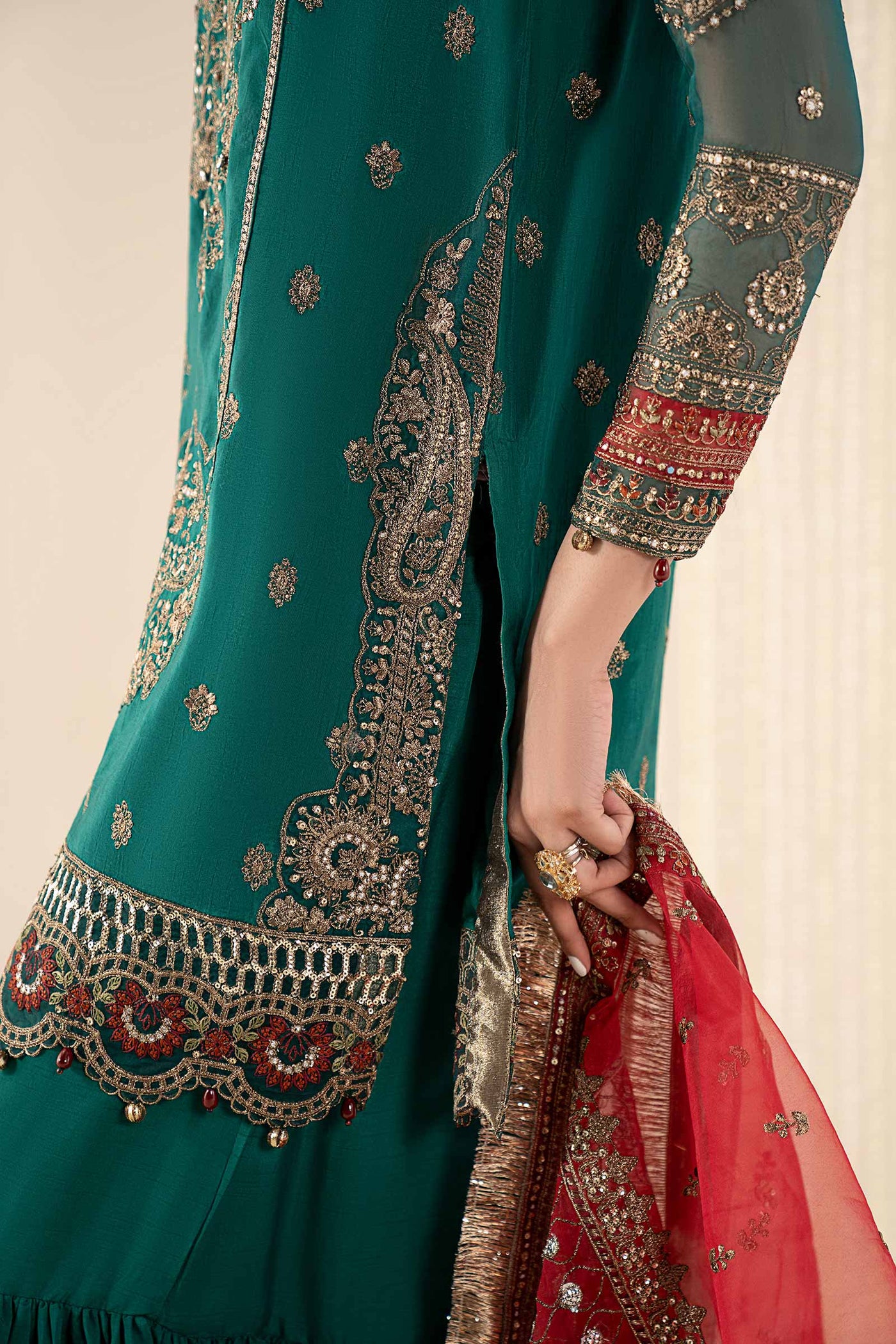 3 Piece Embroidered Raw Silk Suit