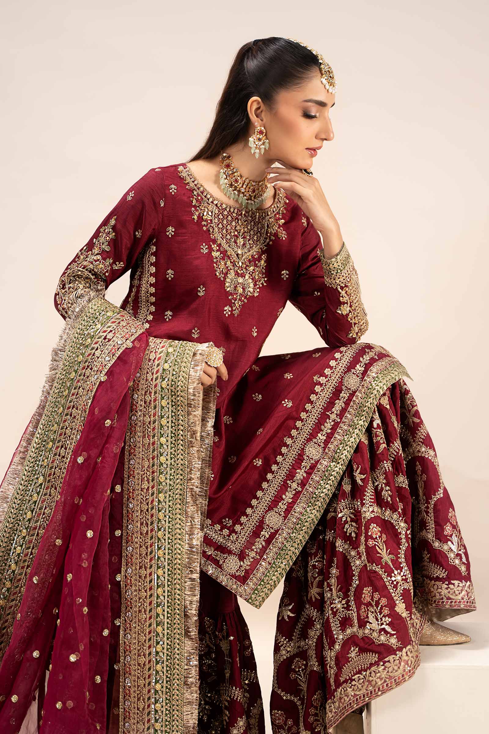 3 Piece Embroidered Raw Silk Suit
