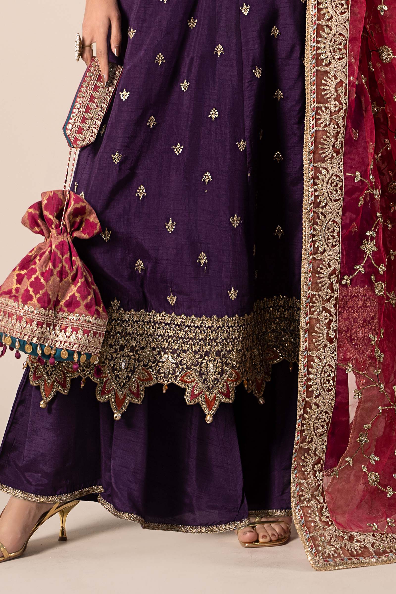 3 Piece Embroidered Raw Silk Suit