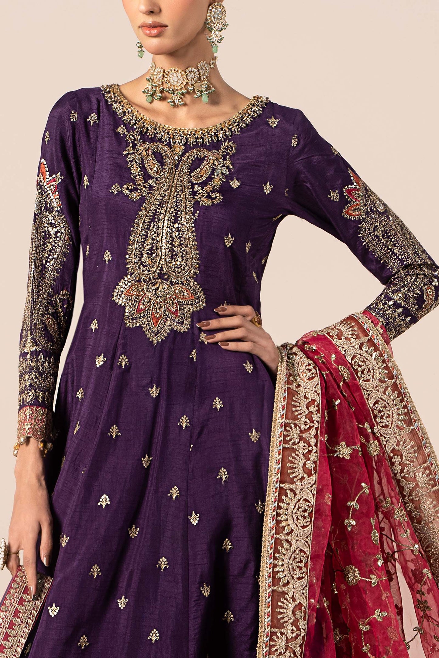 3 Piece Embroidered Raw Silk Suit