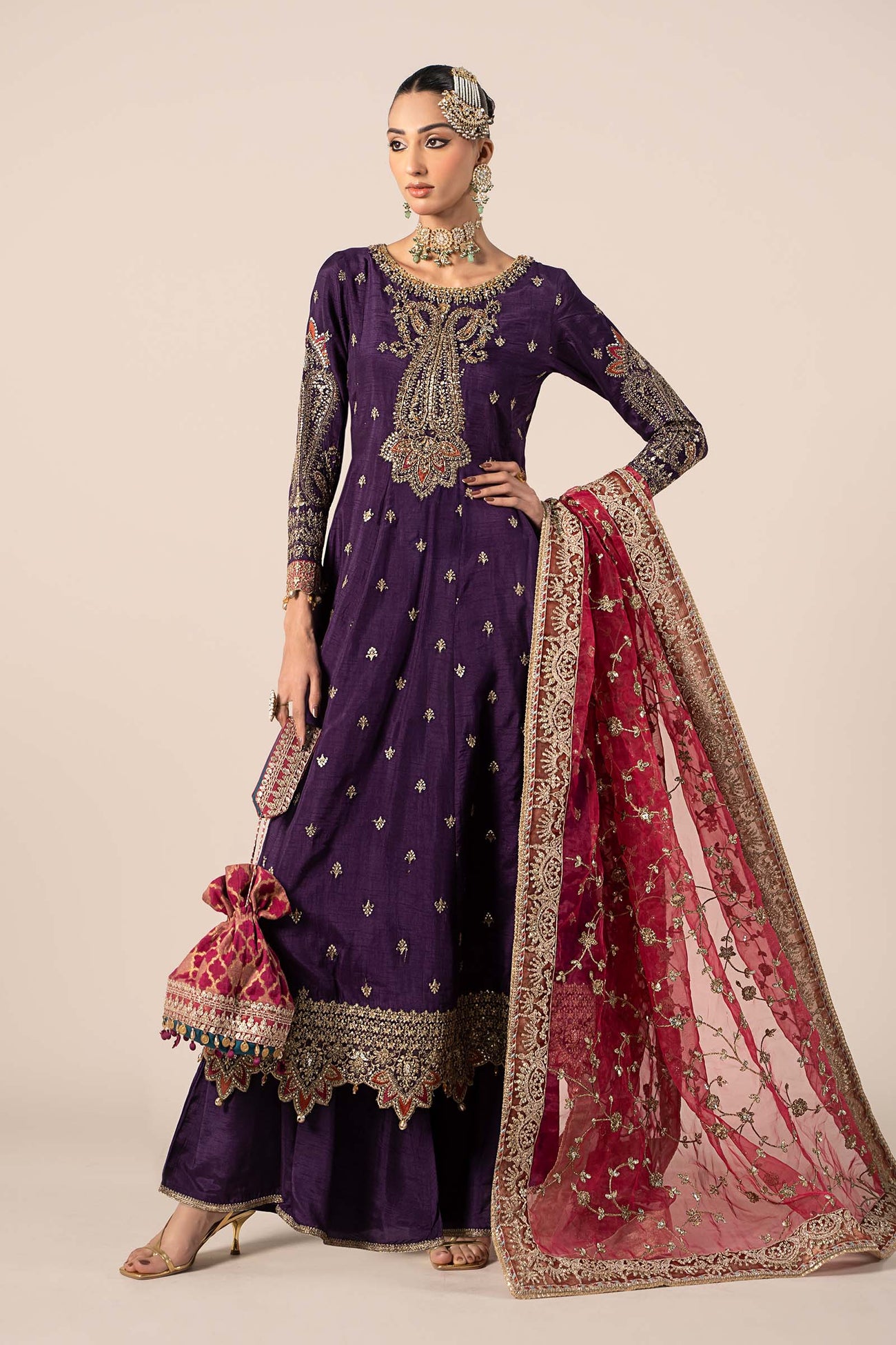3 Piece Embroidered Raw Silk Suit