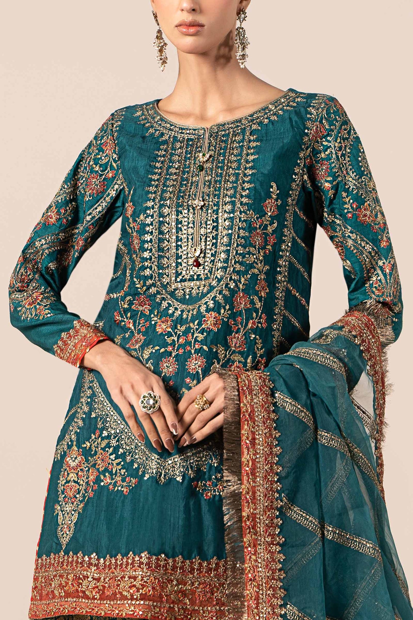 3 Piece Embroidered Raw Silk Suit