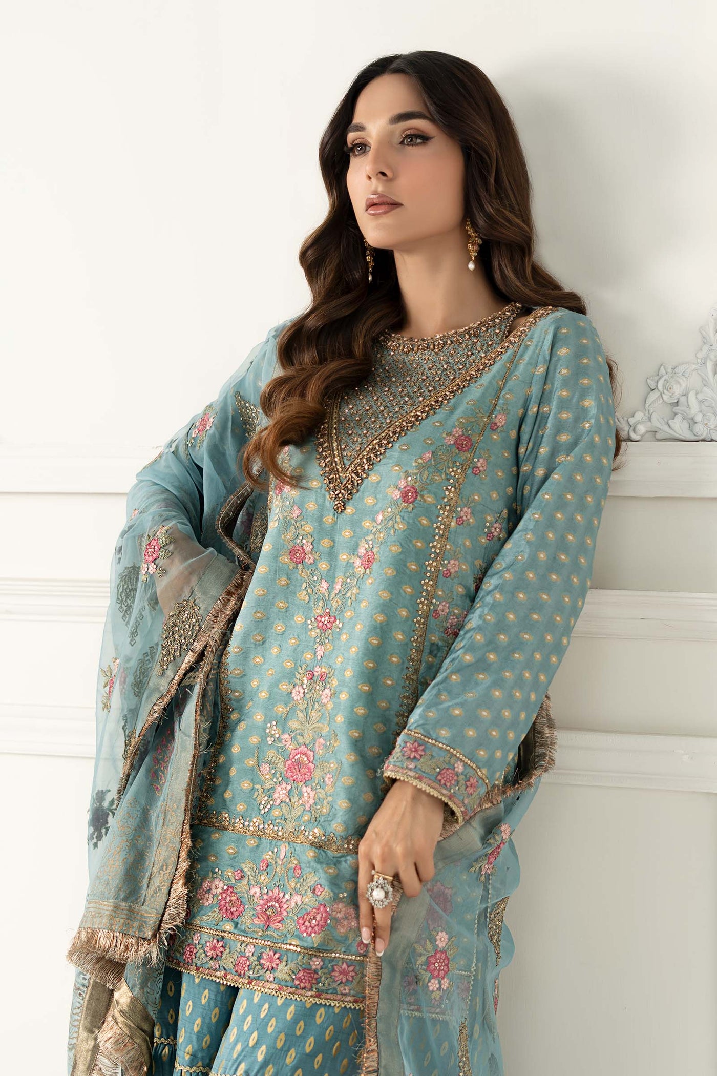 3 Piece Embroidered Silk Jacquard Suit