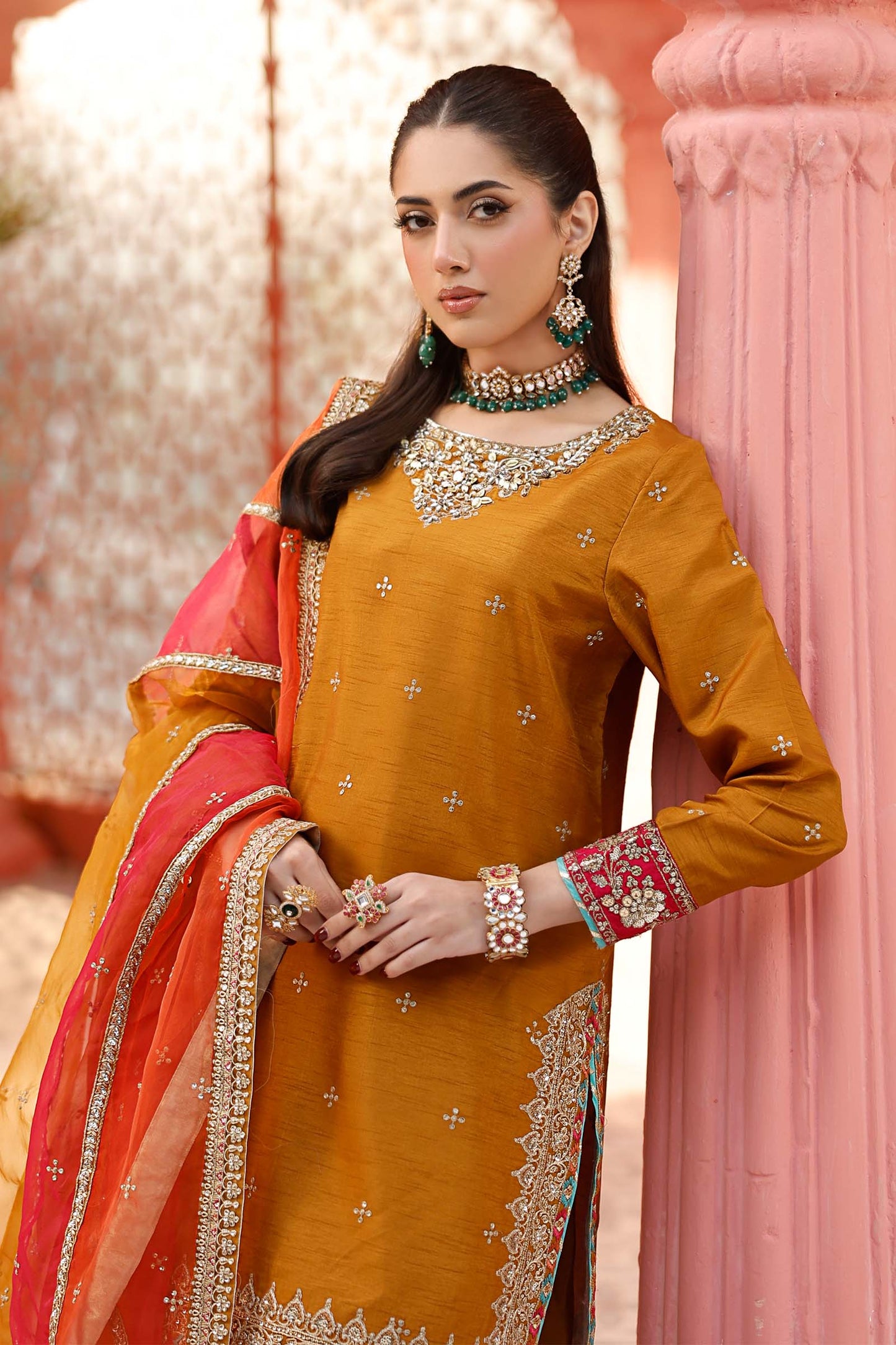 3 Piece Embroidered Raw Silk Suit