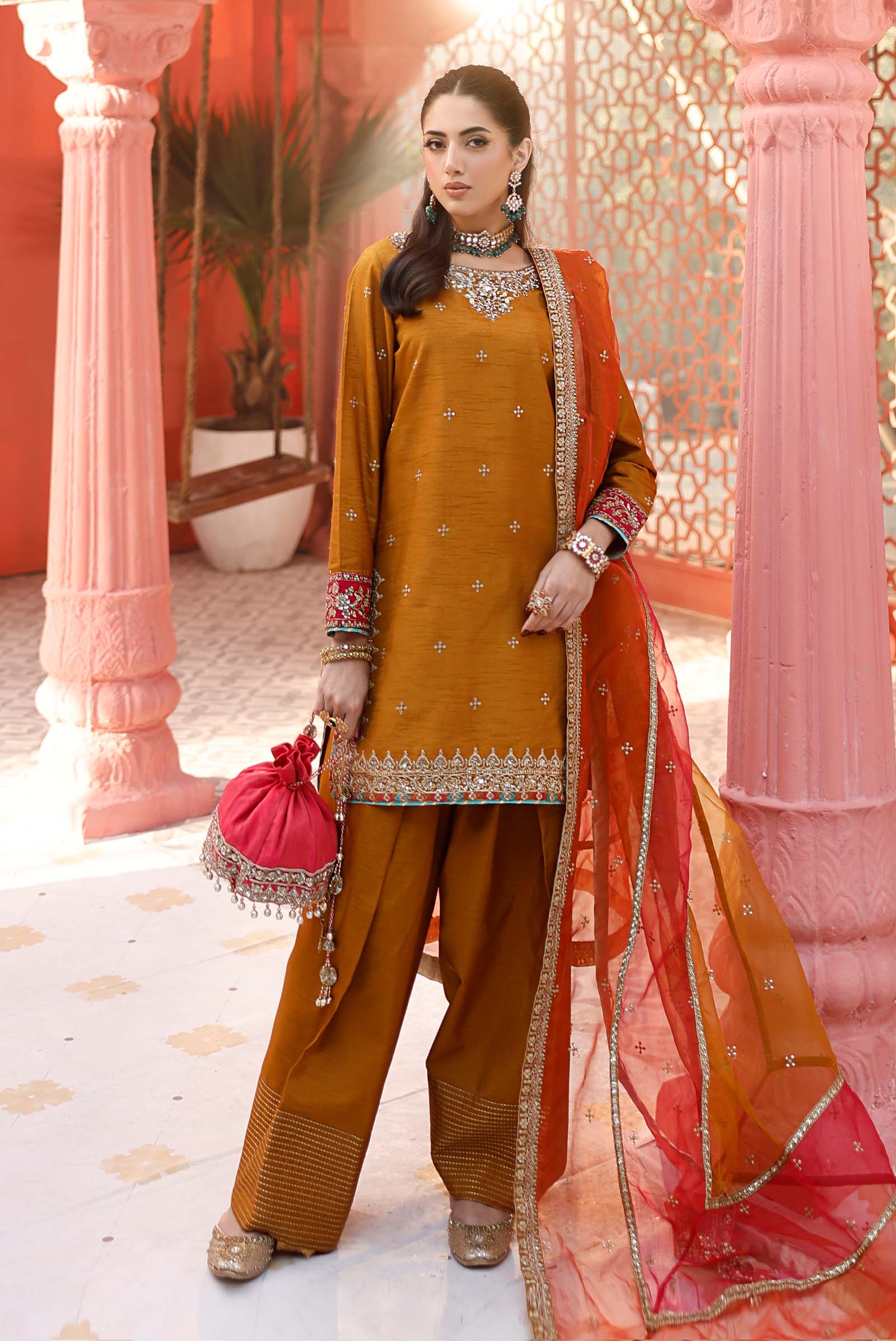 3 Piece Embroidered Raw Silk Suit