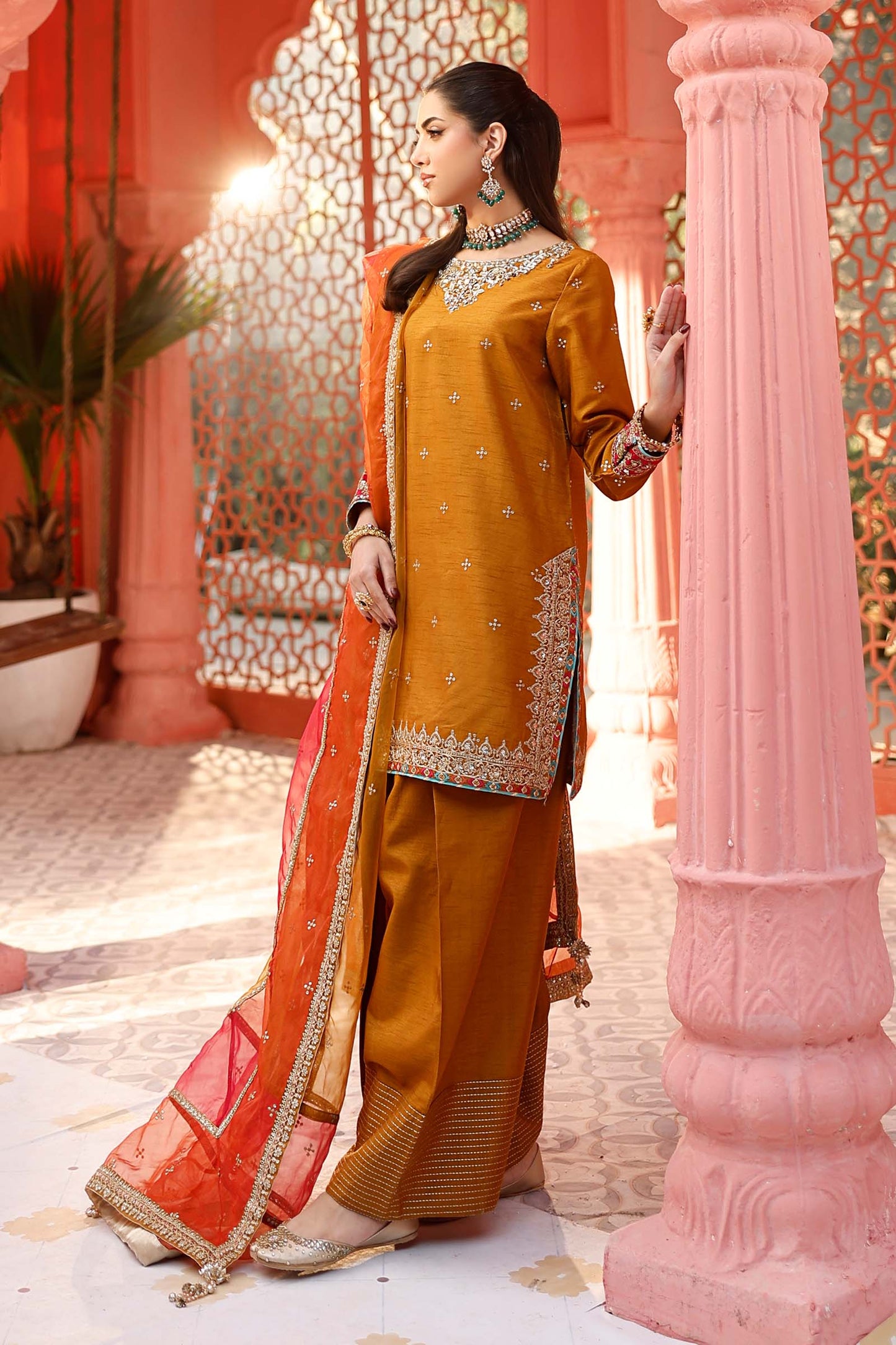 3 Piece Embroidered Raw Silk Suit