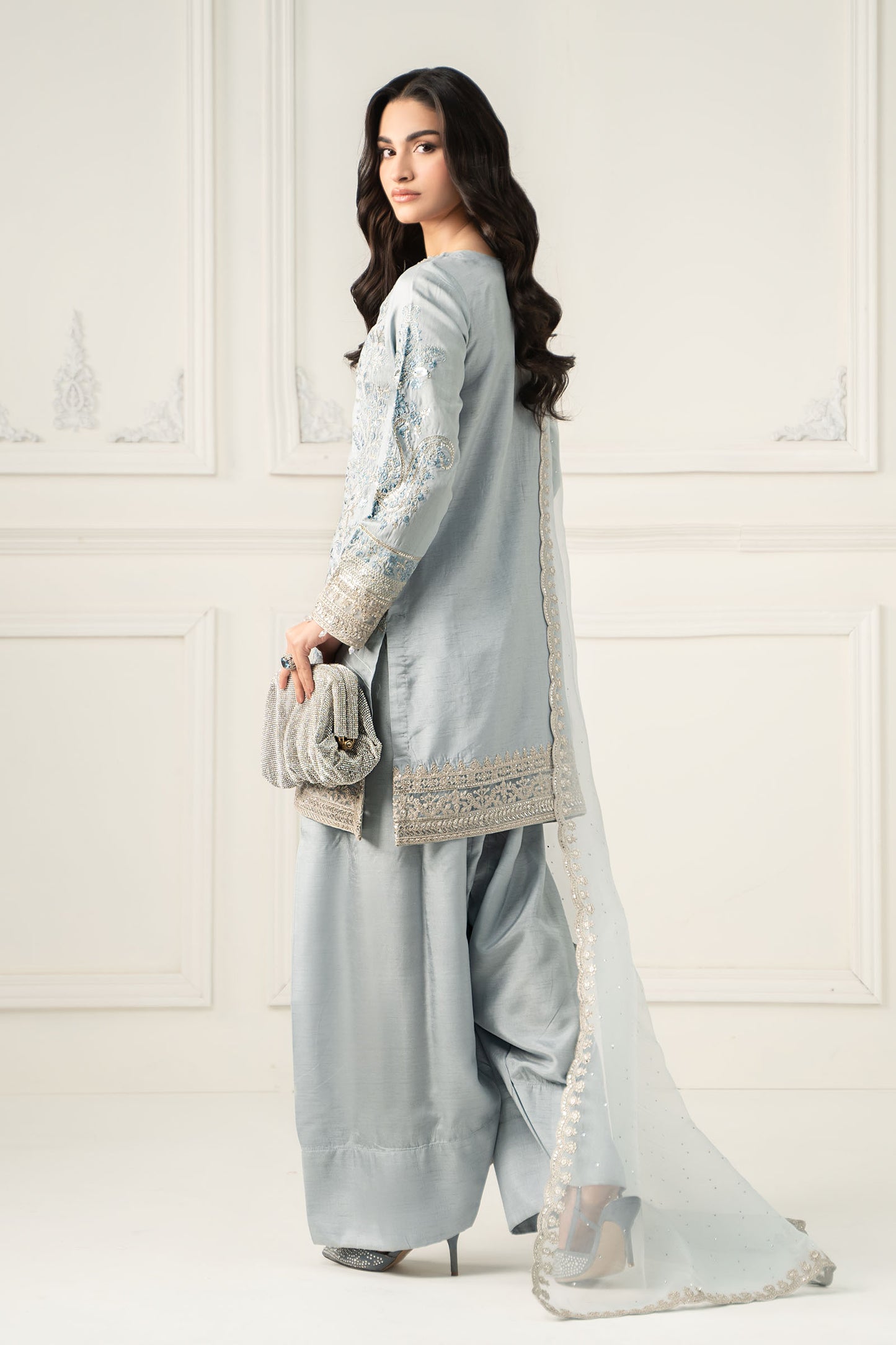 3 Piece Embroidered Raw Silk Suit