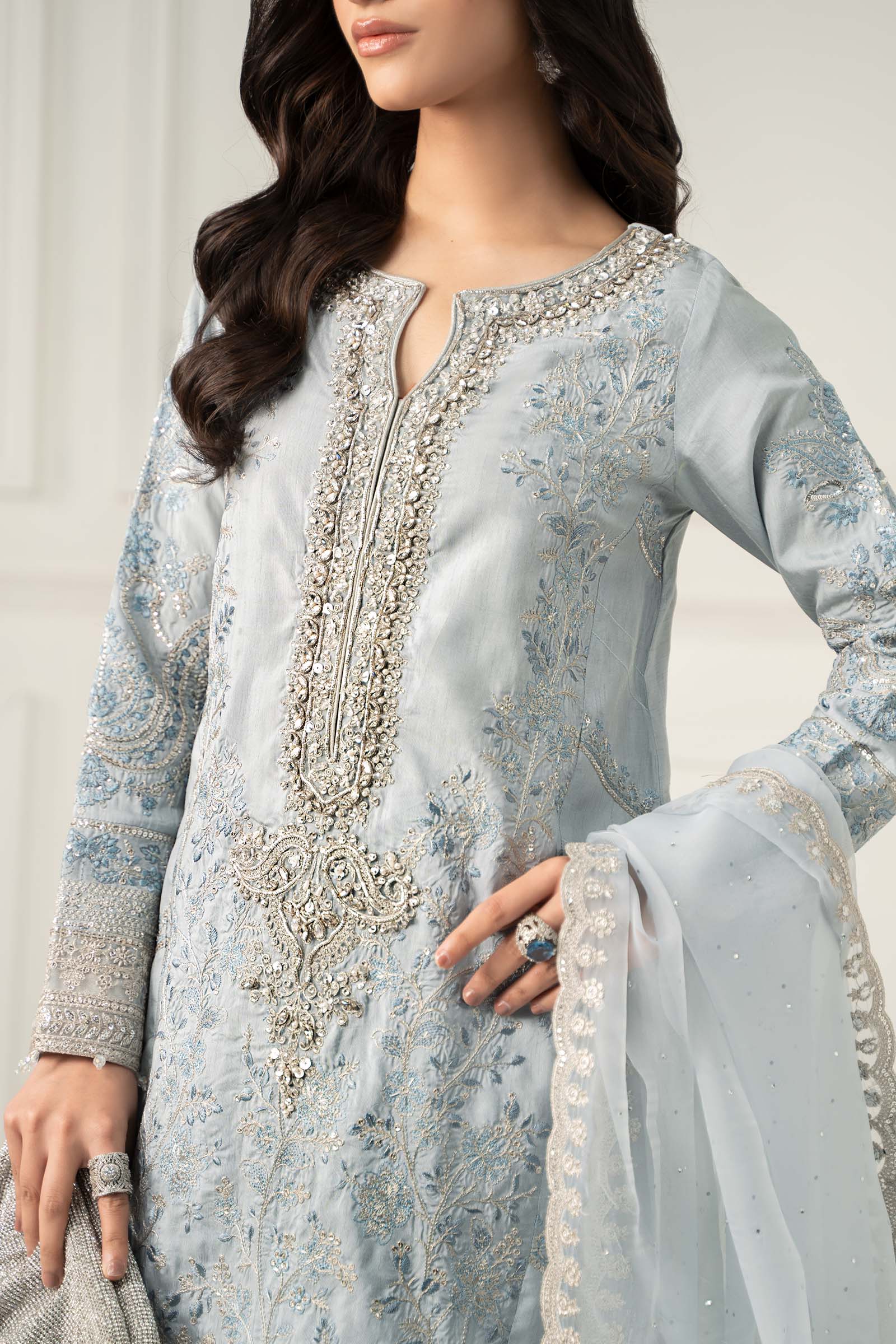 3 Piece Embroidered Raw Silk Suit