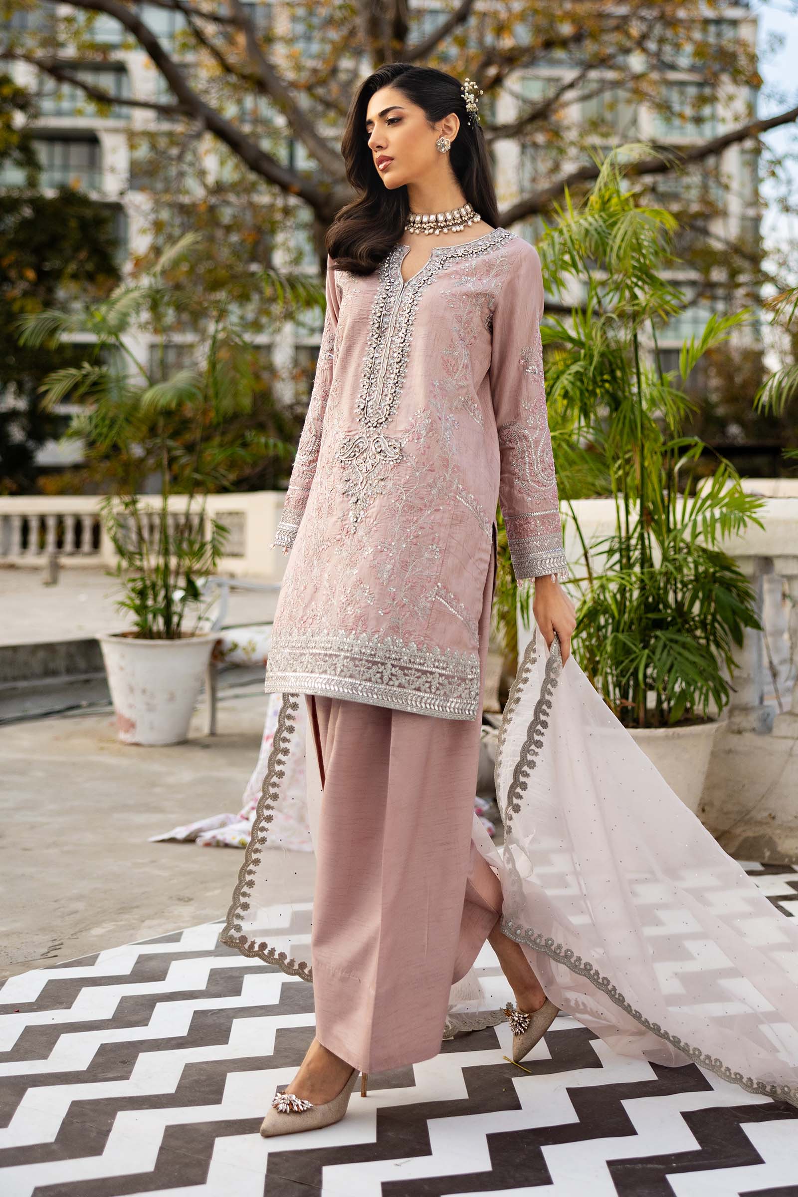 3 Piece Embroidered Raw Silk Suit