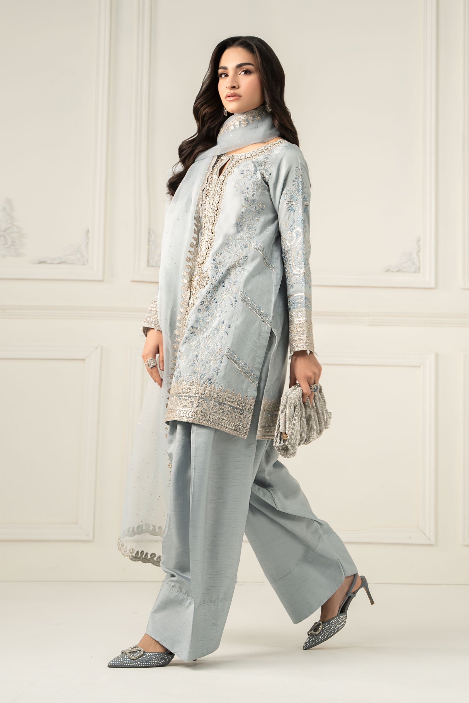 3 Piece Embroidered Raw Silk Suit