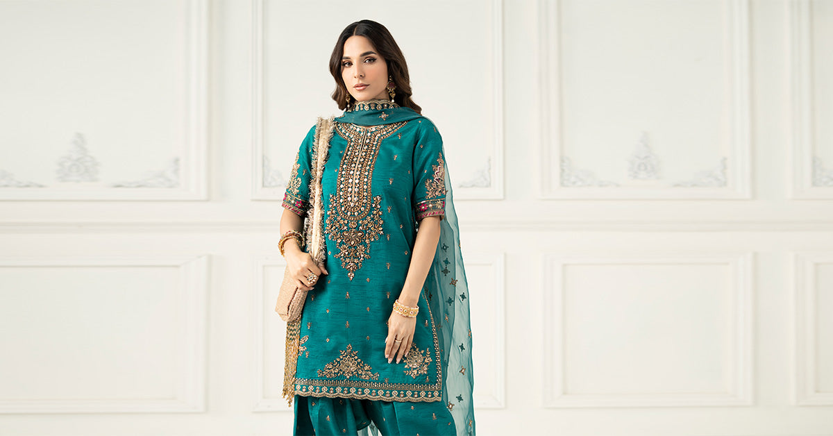 3 Piece Embroidered Raw Silk Suit
