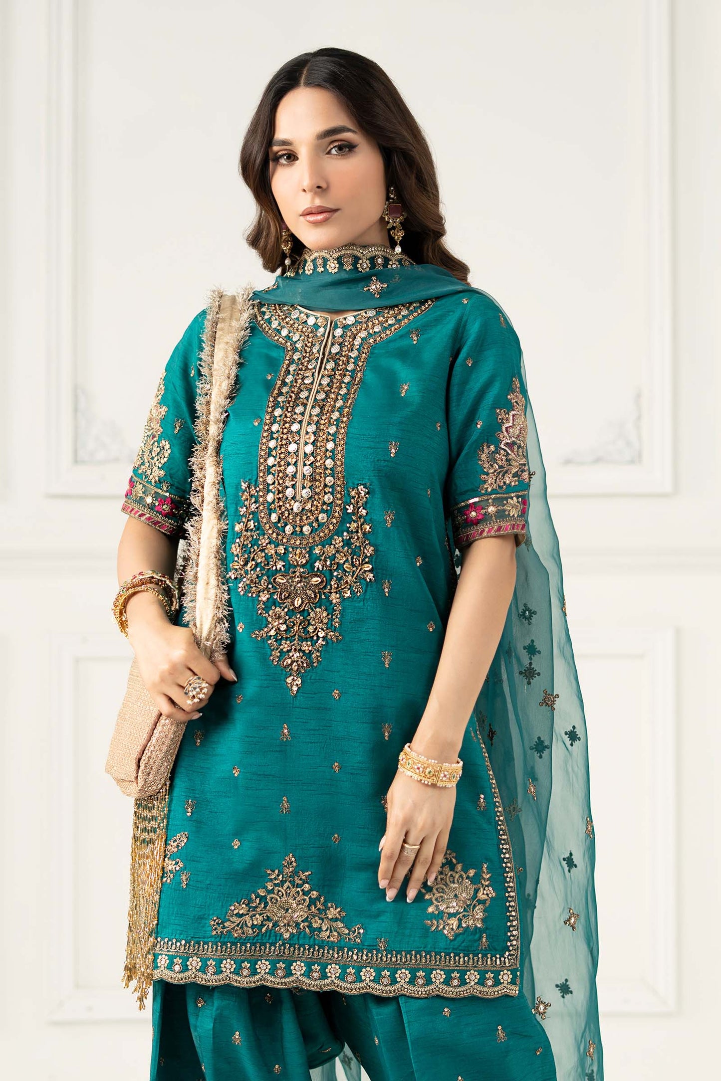 3 Piece Embroidered Raw Silk Suit