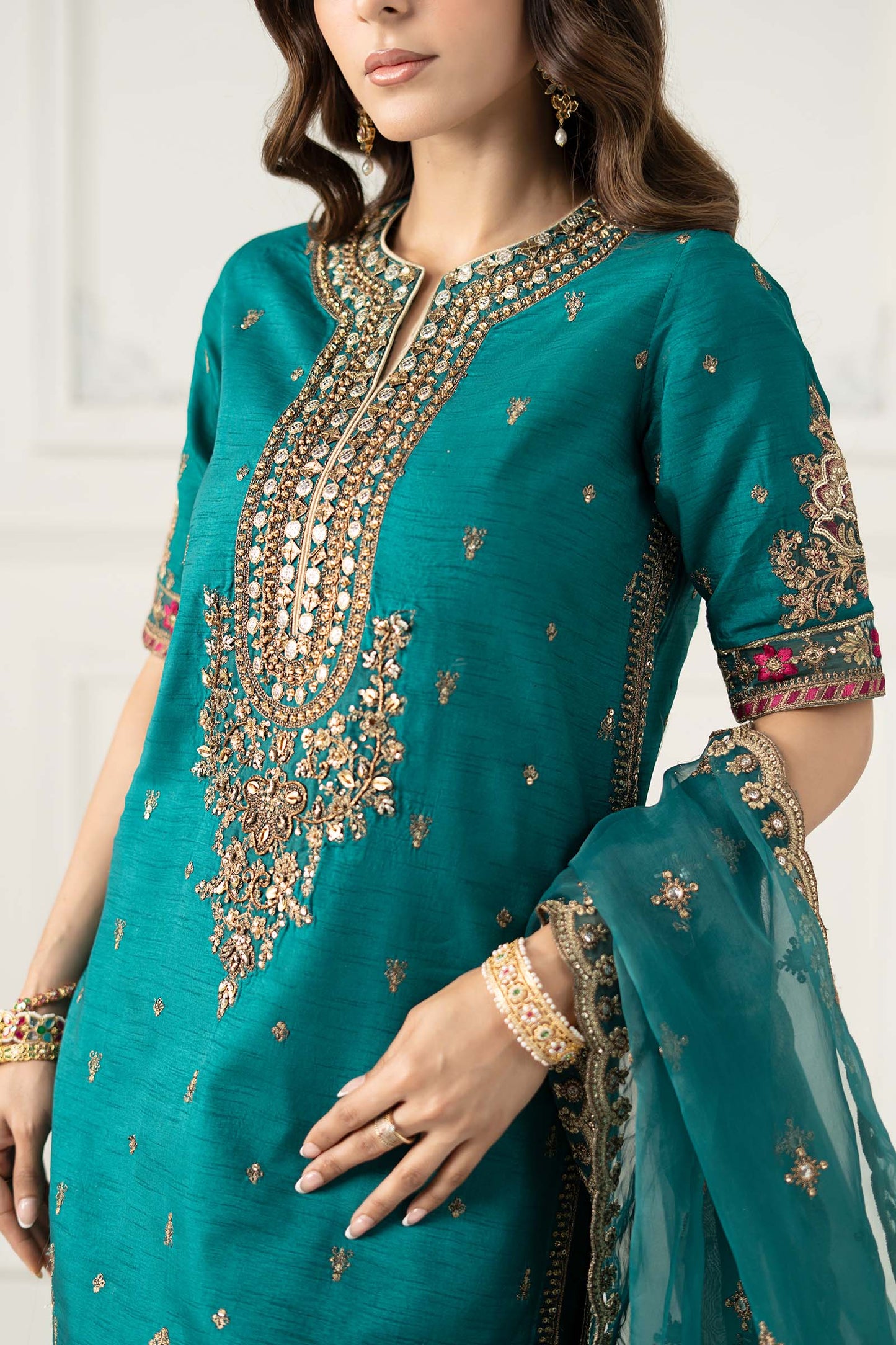 3 Piece Embroidered Raw Silk Suit