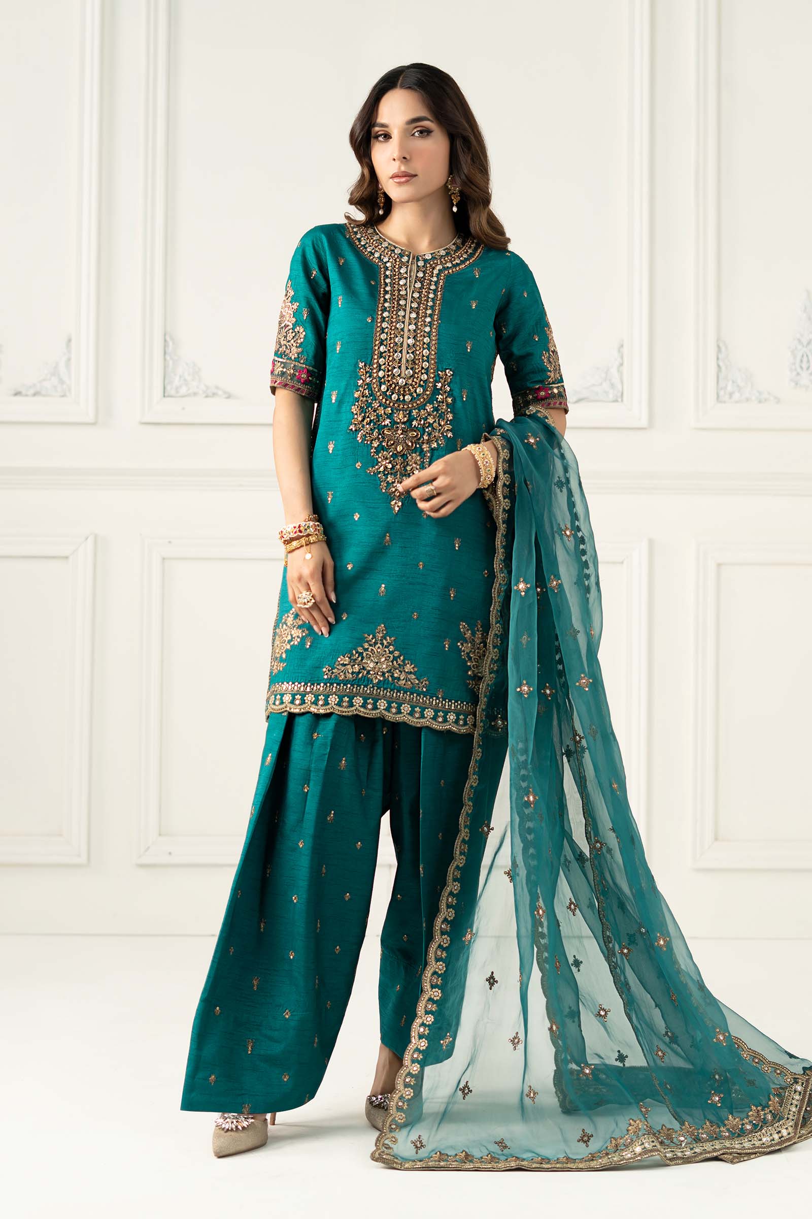 3 Piece Embroidered Raw Silk Suit